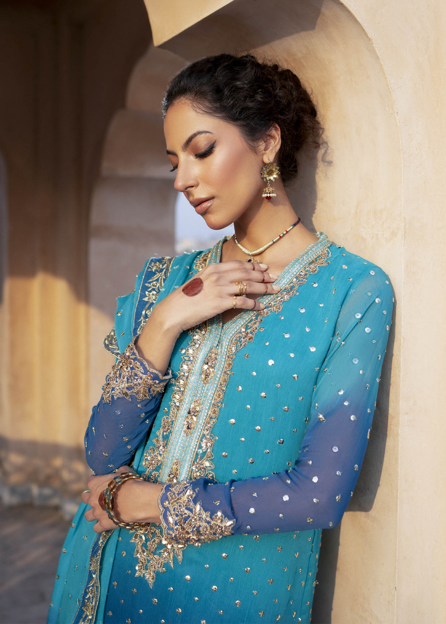 Pakistani Ferozi Ombré Embroidered Chiffon & Silk Salwar Kameez (3-Piece) - Image 2