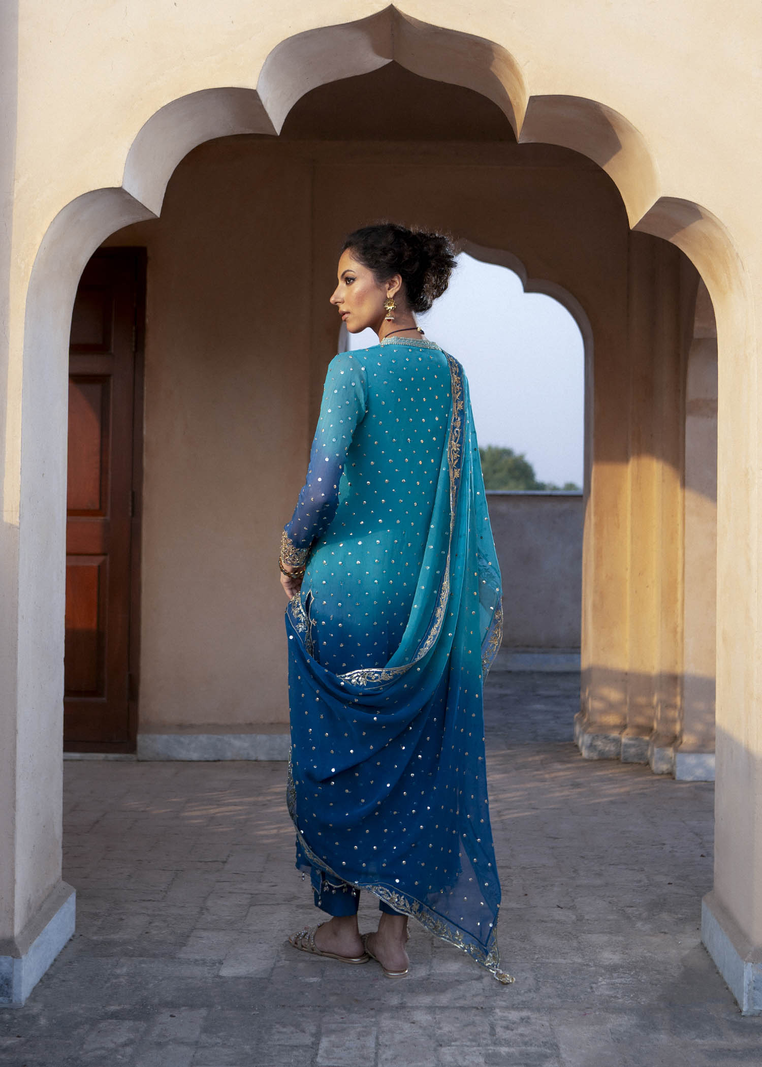 Pakistani Ferozi Ombré Embroidered Chiffon & Silk Salwar Kameez (3-Piece) - Image 4