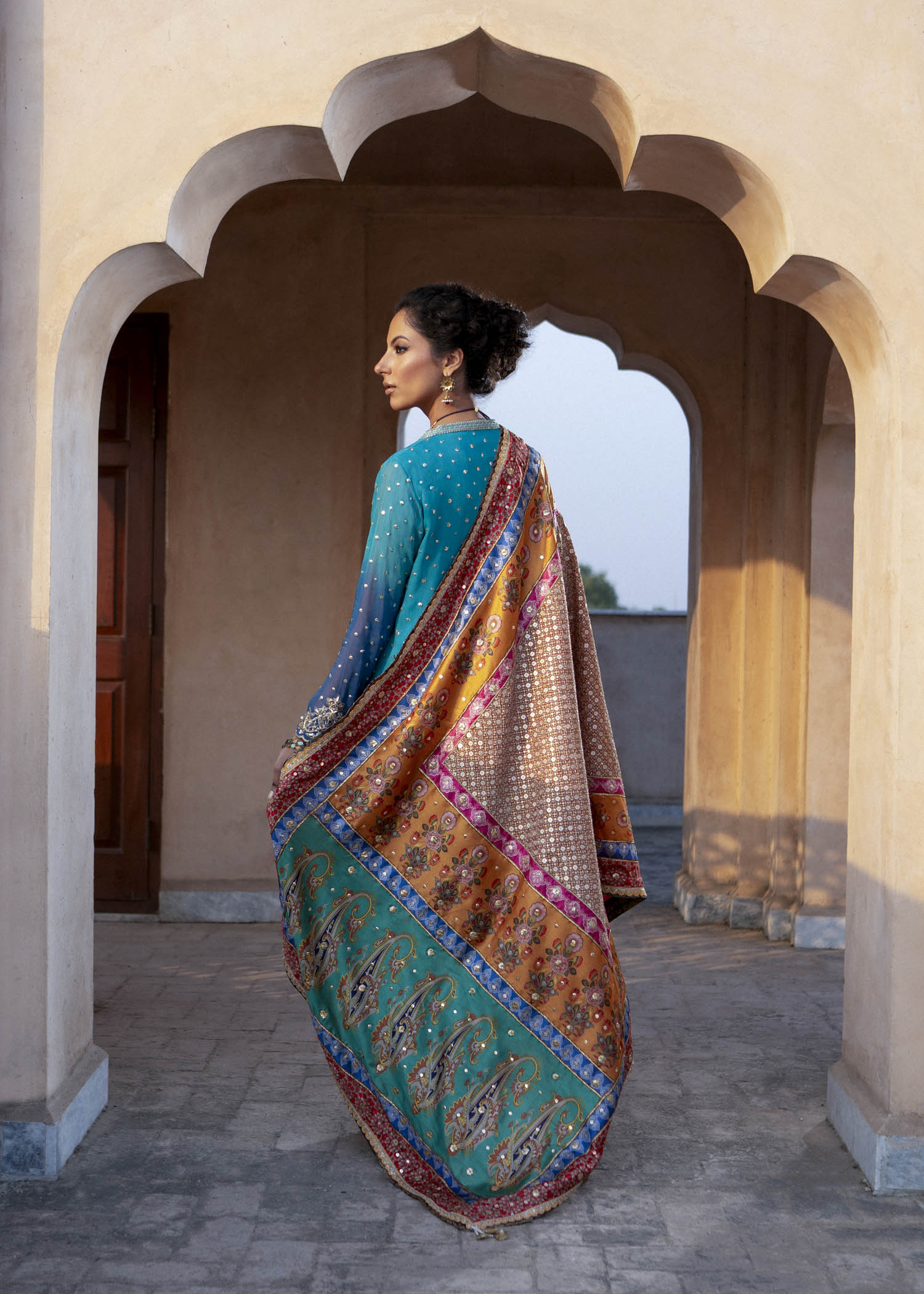 Pakistani Ferozi Ombré Embroidered Chiffon & Silk Salwar Kameez (3-Piece) - Image 5