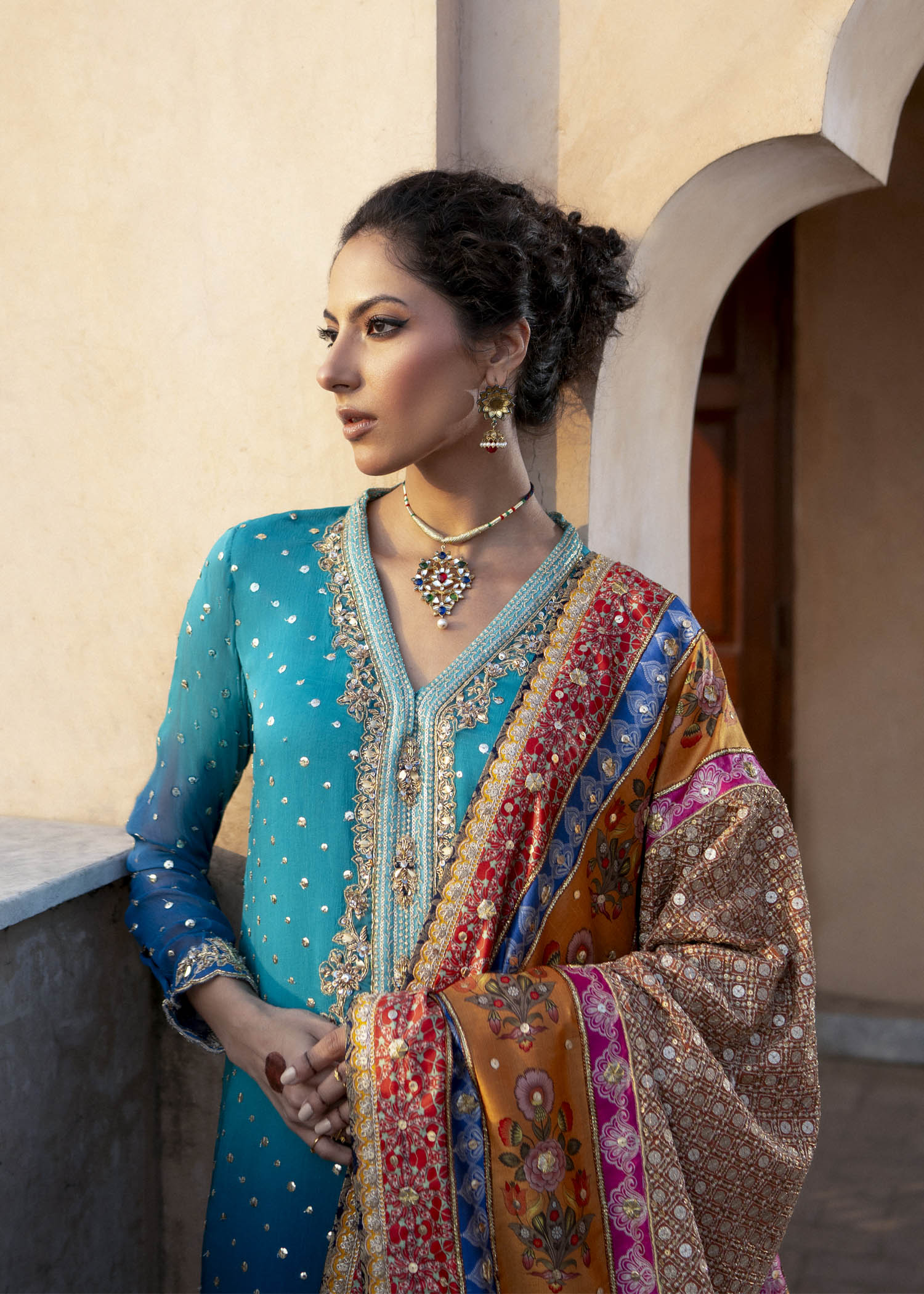 Pakistani Ferozi Ombré Embroidered Chiffon & Silk Salwar Kameez (3-Piece) - Image 6