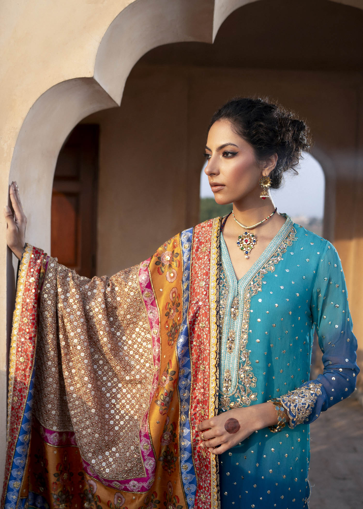 Pakistani Ferozi Ombré Embroidered Chiffon & Silk Salwar Kameez (3-Piece) - Image 7