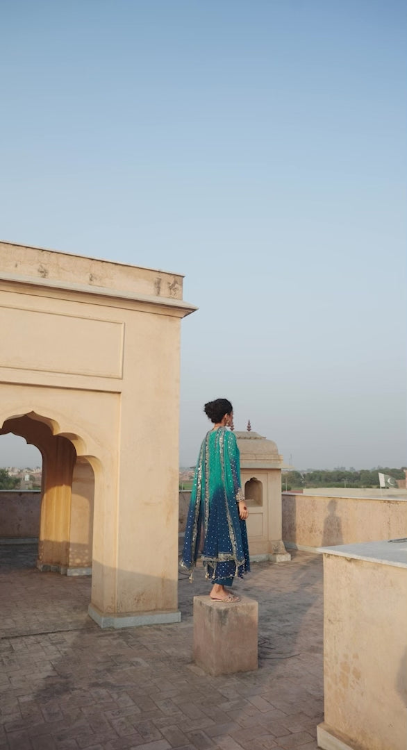 Pakistani Ferozi Ombré Embroidered Chiffon & Silk Salwar Kameez (3-Piece) - Image 8