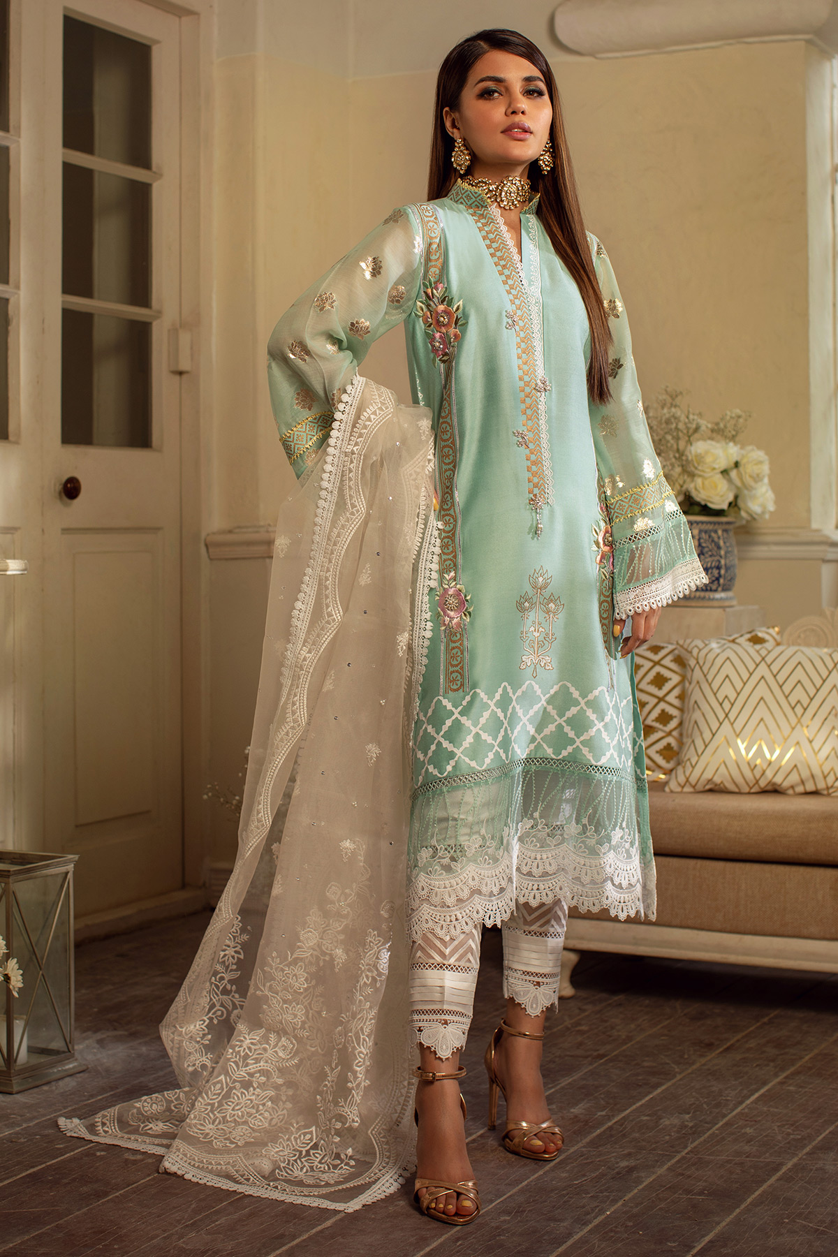 Pakistani Sea Blue Embroidered Cotton Net Salwar Kameez (3-Piece) - Image 1