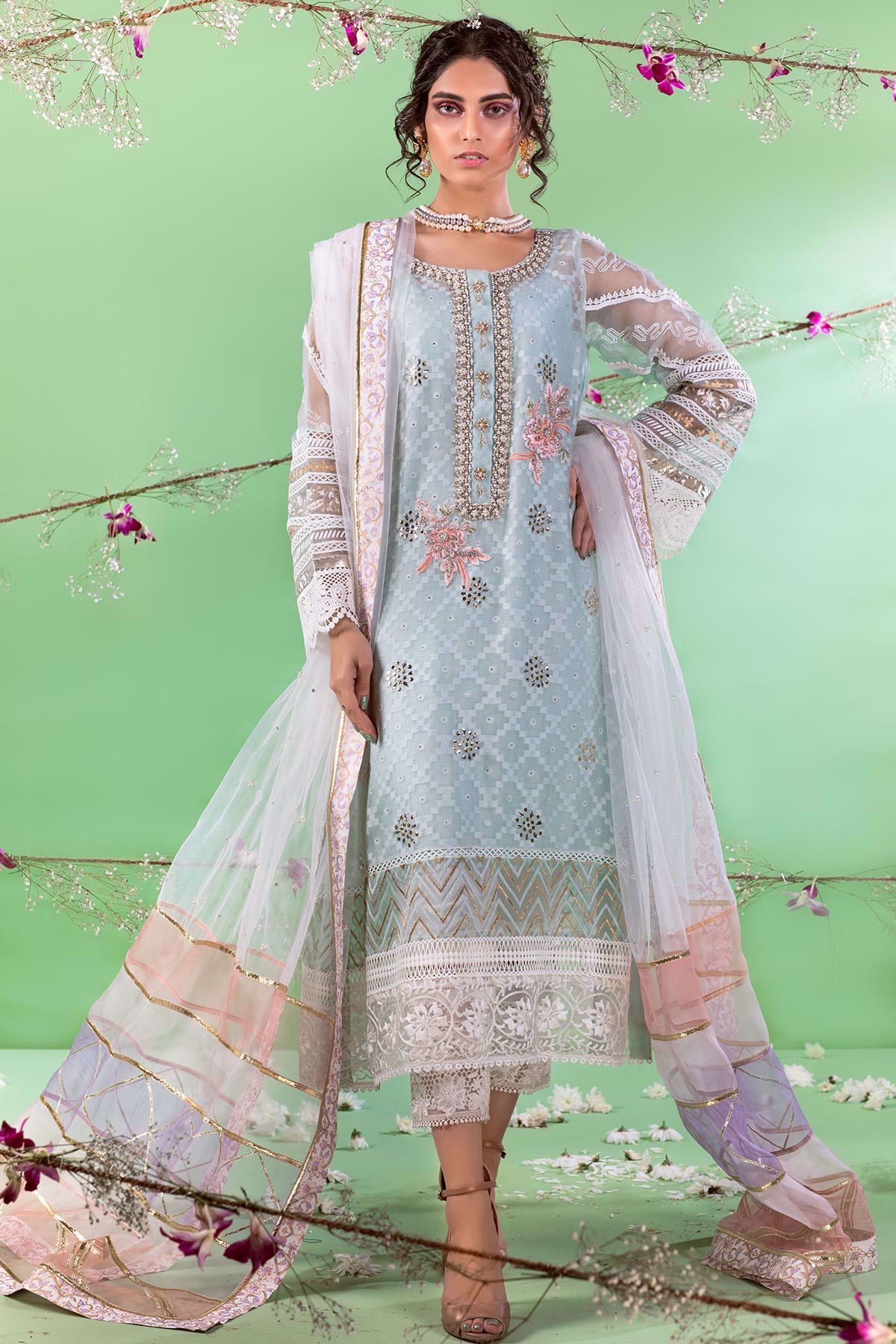 Powder Blue Kaamdani Cotton Net Salwar Kameez (3-Piece) - Image 1