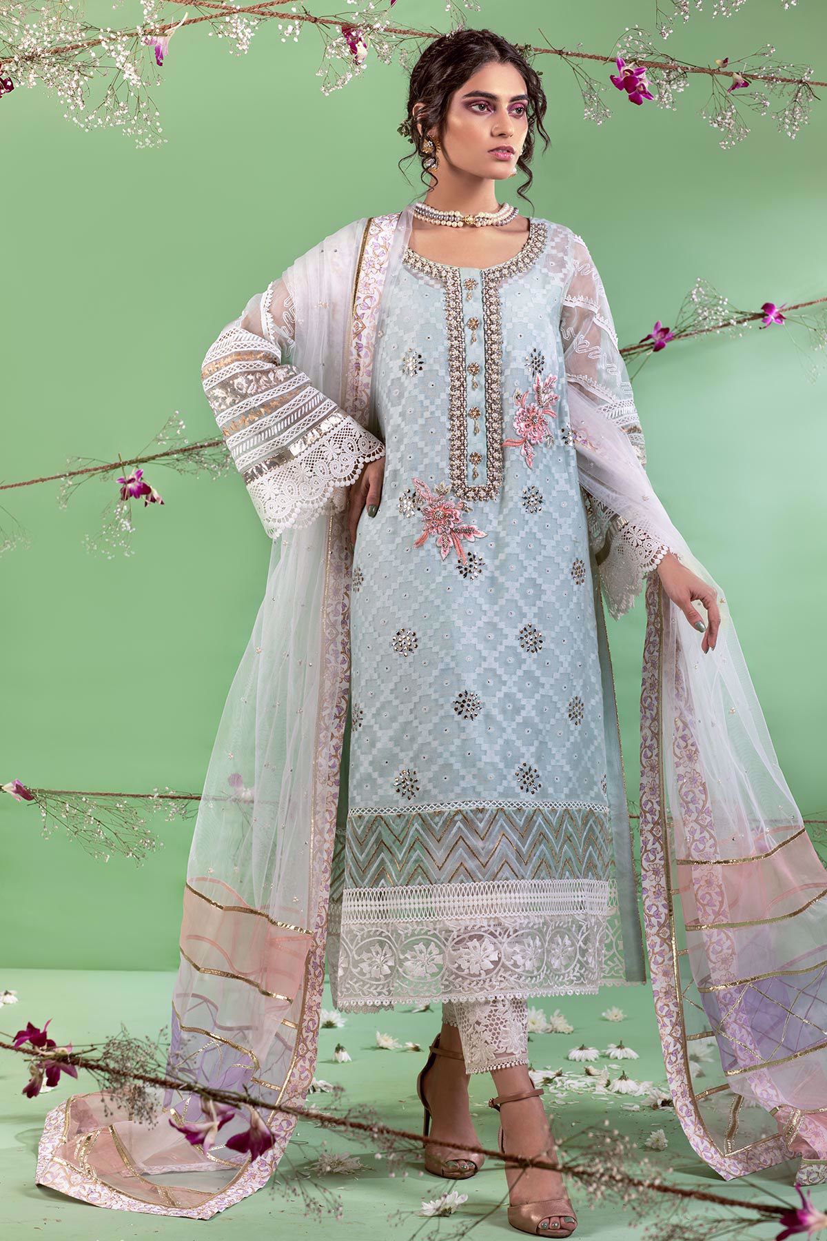Powder Blue Kaamdani Cotton Net Salwar Kameez (3-Piece) - Image 2