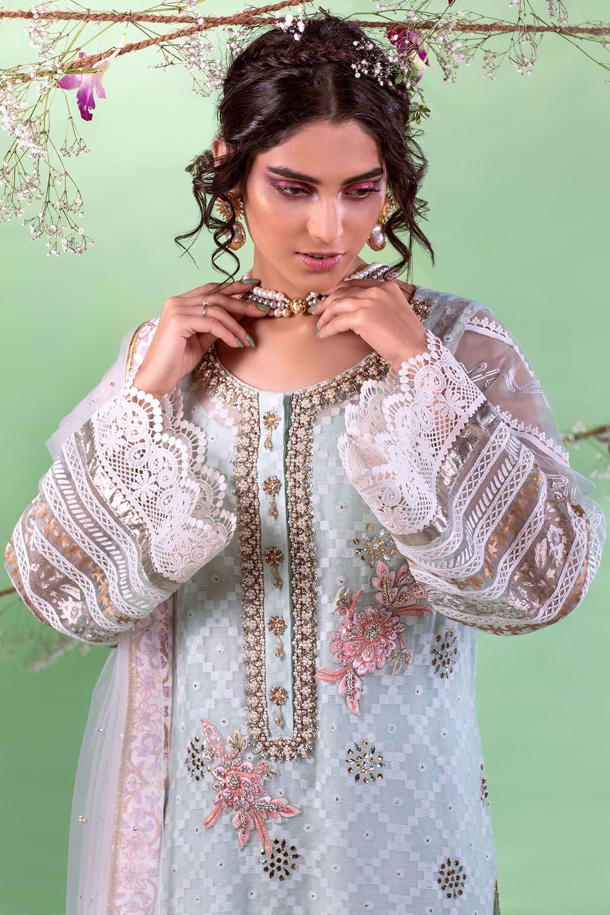 Powder Blue Kaamdani Cotton Net Salwar Kameez (3-Piece) - Image 3