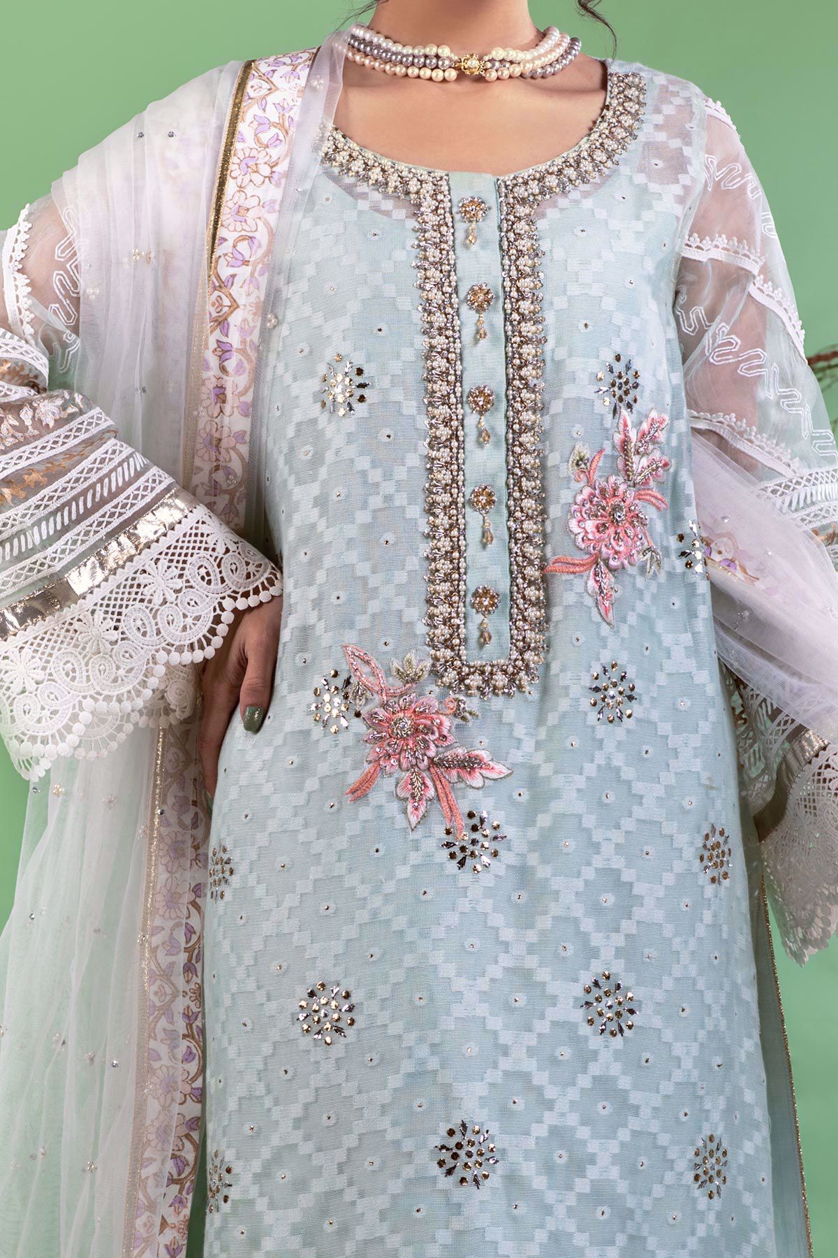 Powder Blue Kaamdani Cotton Net Salwar Kameez (3-Piece) - Image 4