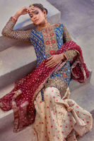 Pakistani Midnight Blue Embroidered Cotton Net Salwar Kameez (3-Piece) - Image 3