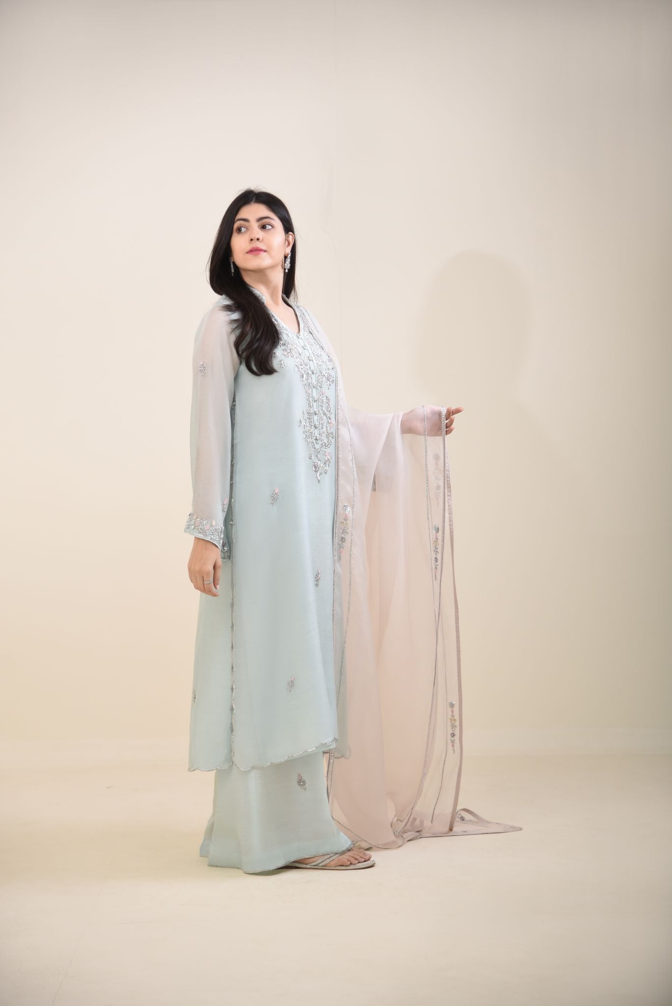 Pakistani Ice Blue Embroidered Cotton Net Salwar Kameez (3-Piece) - Image 1