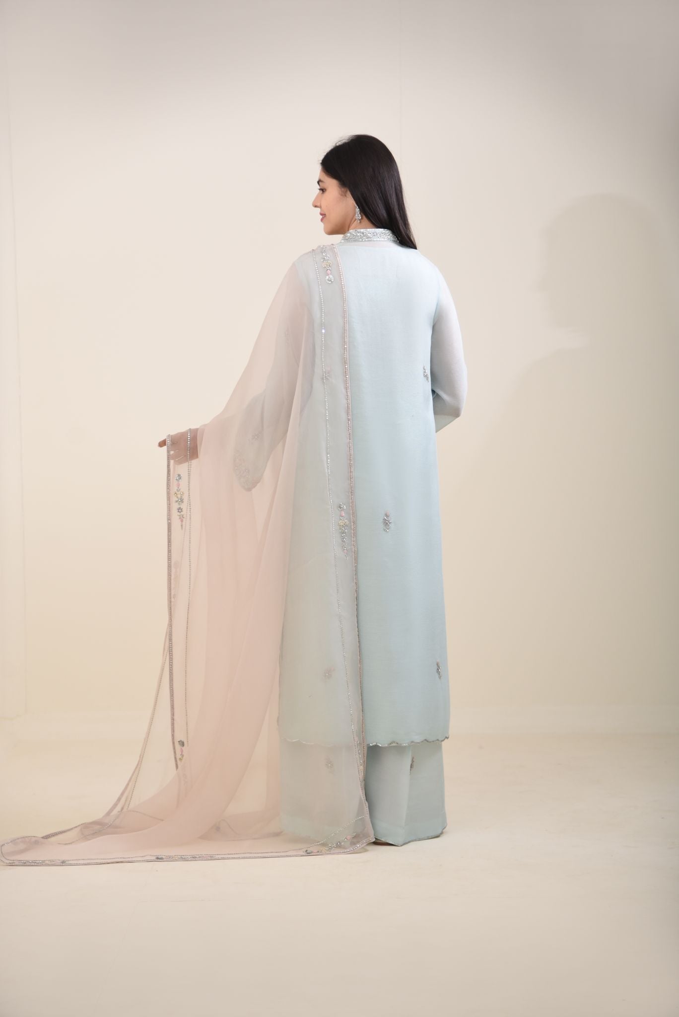 Pakistani Ice Blue Embroidered Cotton Net Salwar Kameez (3-Piece) - Image 2