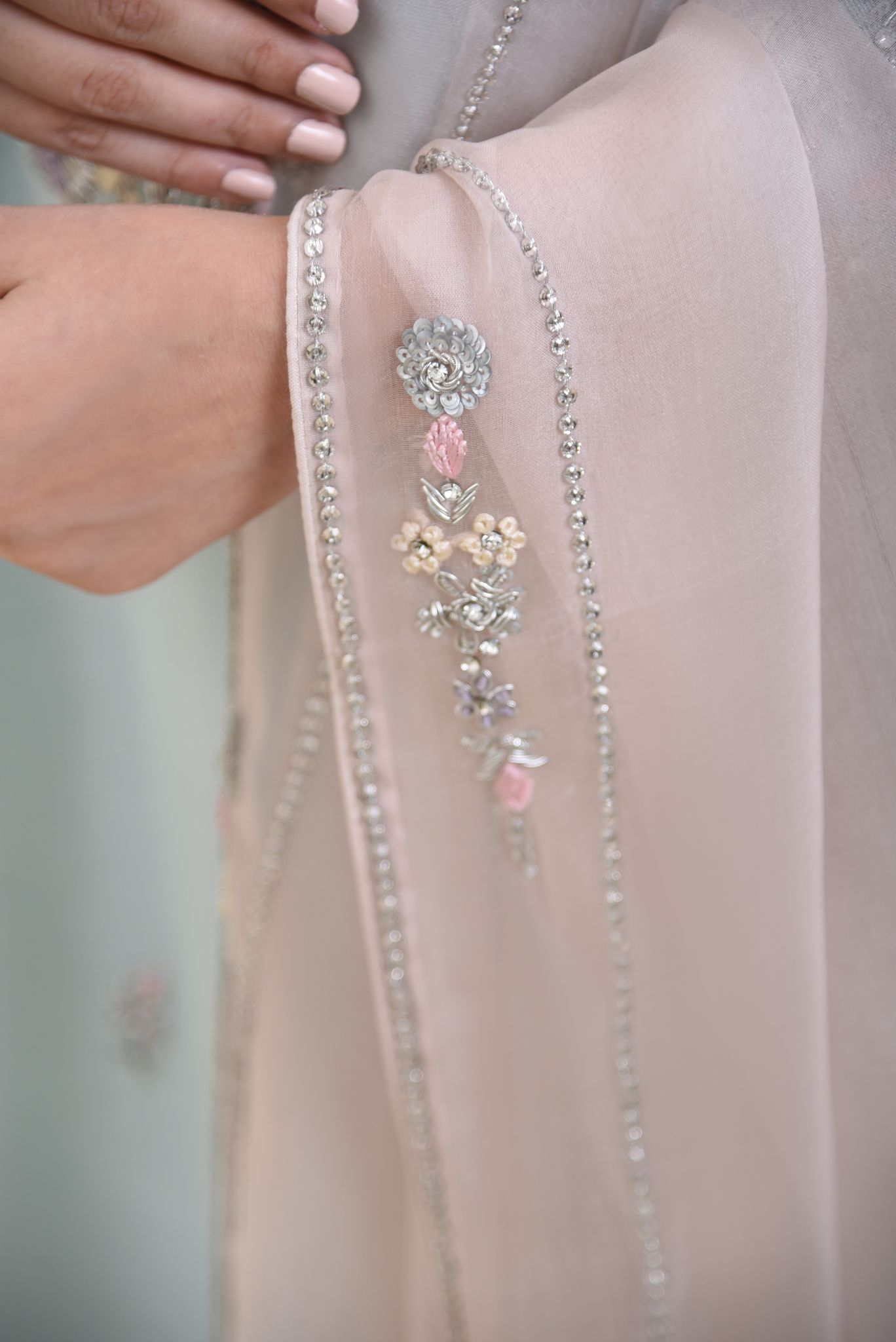 Pakistani Ice Blue Embroidered Cotton Net Salwar Kameez (3-Piece) - Image 3