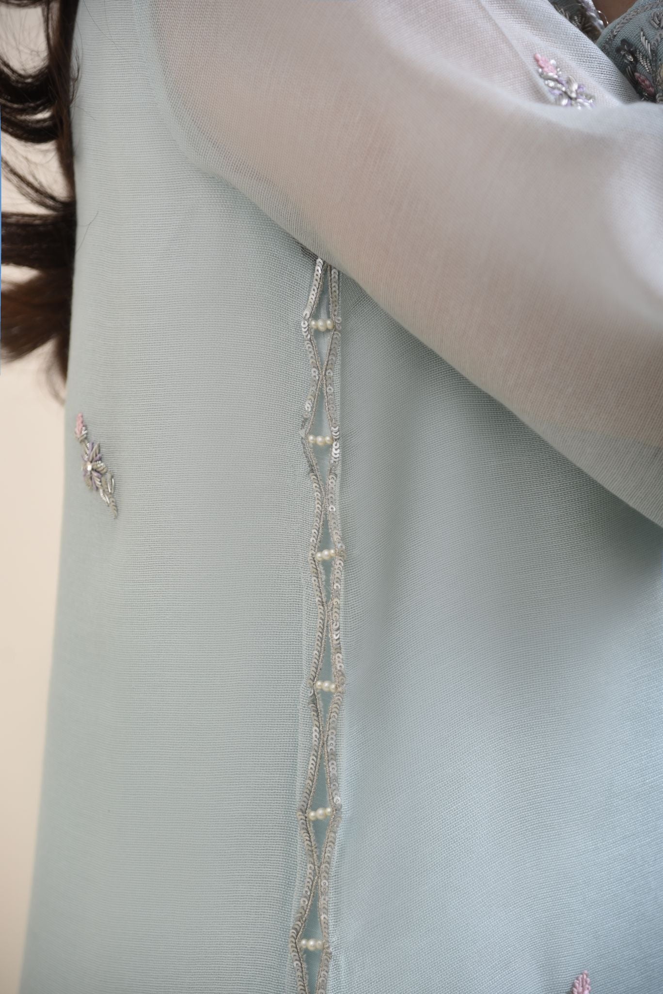 Pakistani Ice Blue Embroidered Cotton Net Salwar Kameez (3-Piece) - Image 4