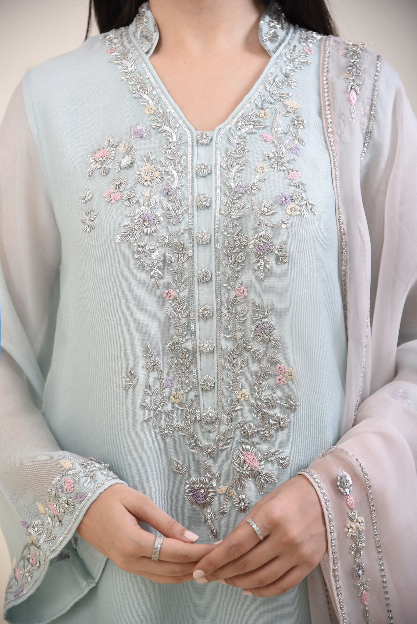 Pakistani Ice Blue Embroidered Cotton Net Salwar Kameez (3-Piece) - Image 5