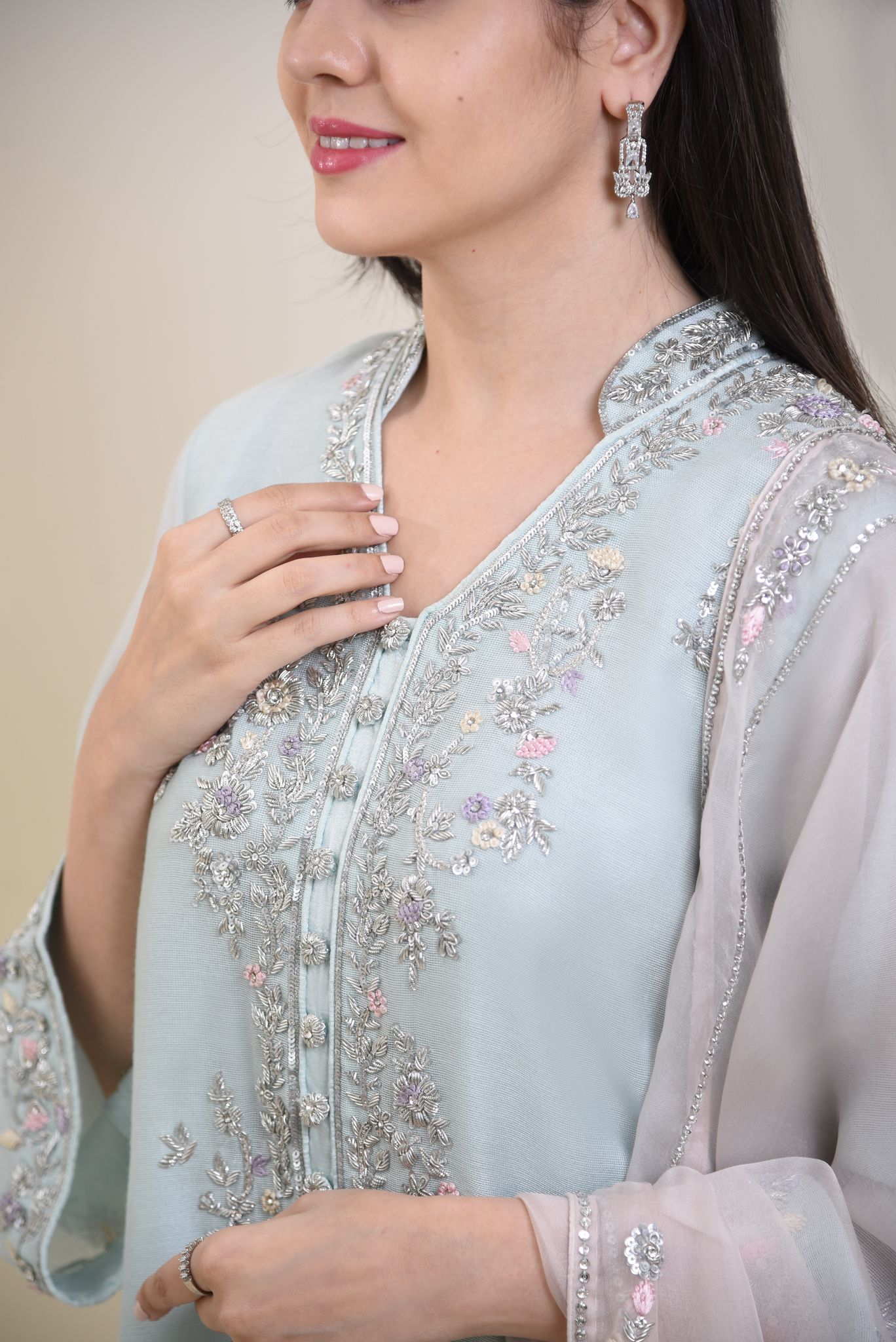 Pakistani Ice Blue Embroidered Cotton Net Salwar Kameez (3-Piece) - Image 6