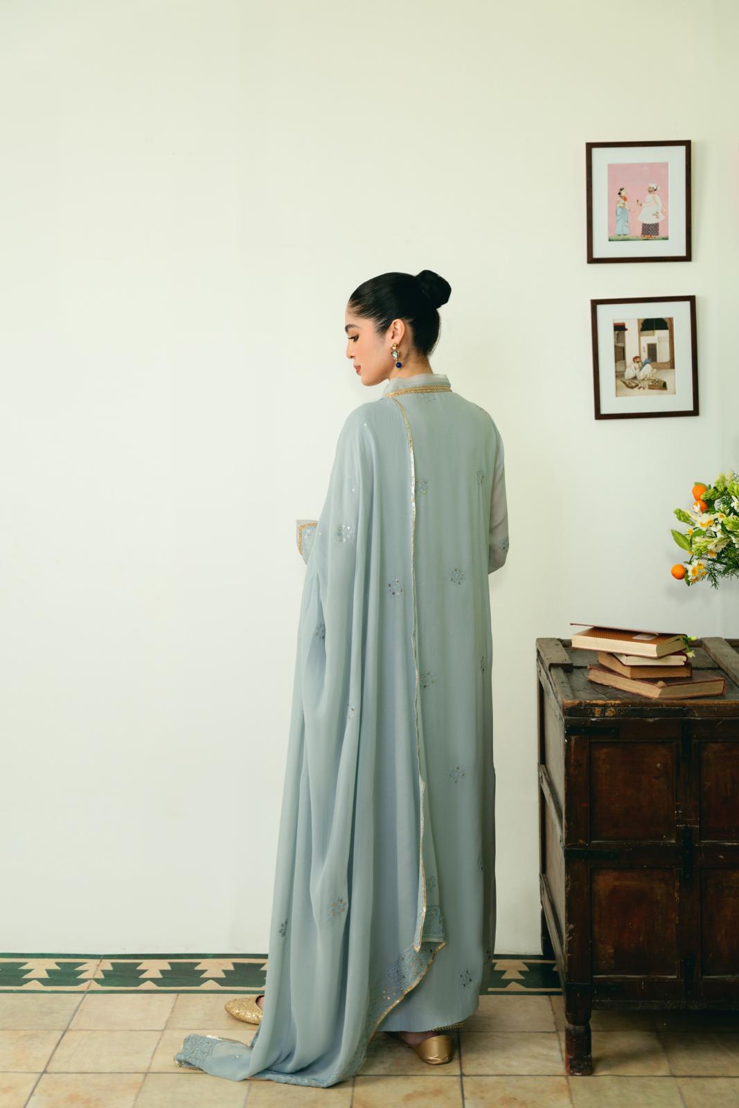 Ice Blue Embroidered Cotton Net Kameez Set (3-Piece) - Image 2