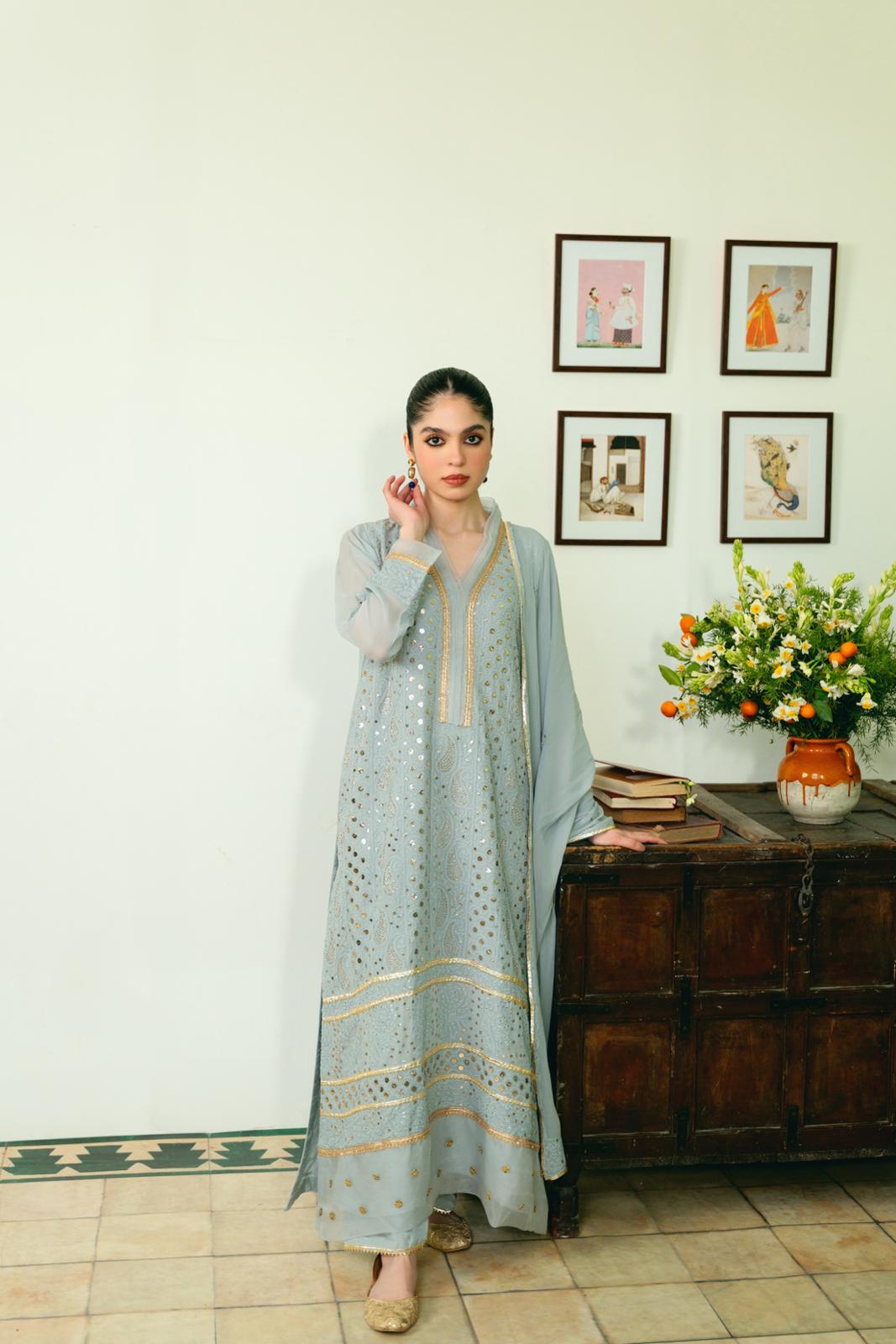 Ice Blue Embroidered Cotton Net Kameez Set (3-Piece) - Image 3