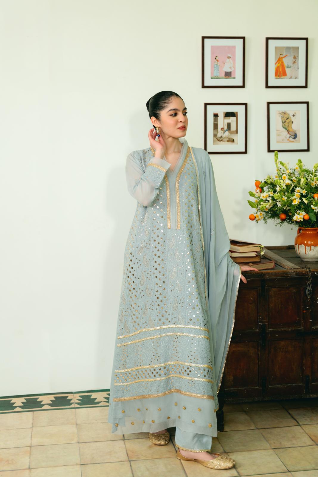 Ice Blue Embroidered Cotton Net Kameez Set (3-Piece) - Image 4