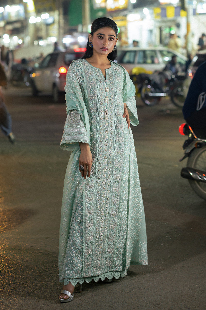 Pakistani Sea Blue Embroidered Cotton Net Salwar Kameez (3-Piece) - Image 1