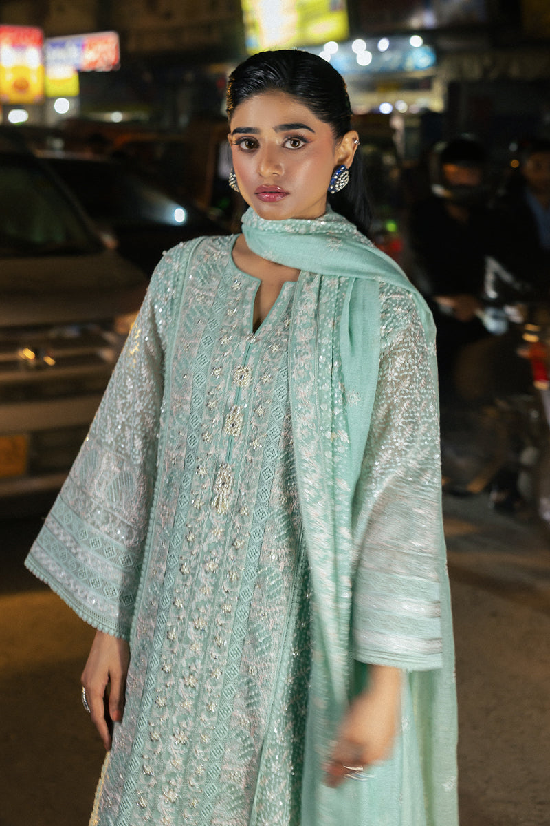 Pakistani Sea Blue Embroidered Cotton Net Salwar Kameez (3-Piece) - Image 6