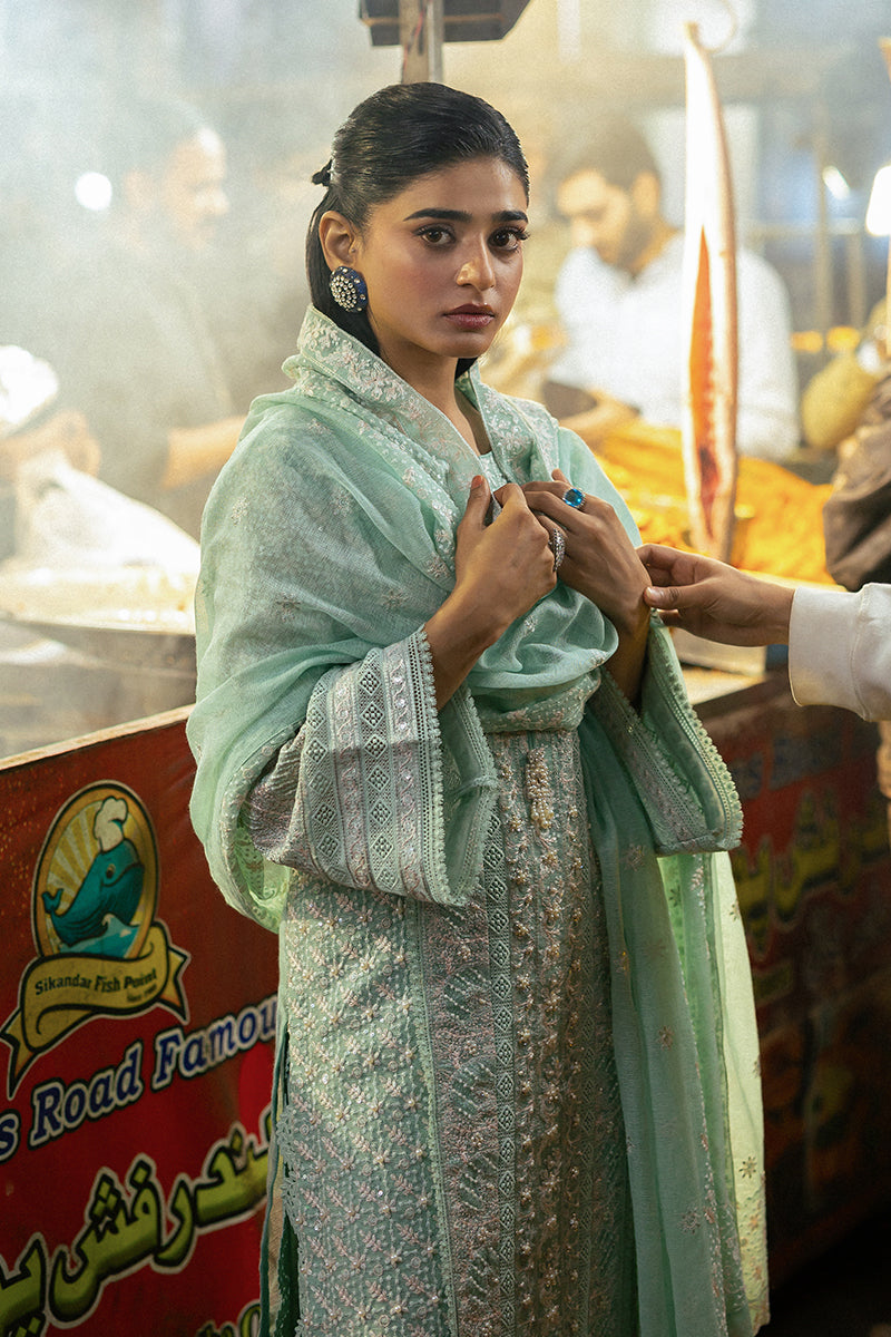 Pakistani Sea Blue Embroidered Cotton Net Salwar Kameez (3-Piece) - Image 7