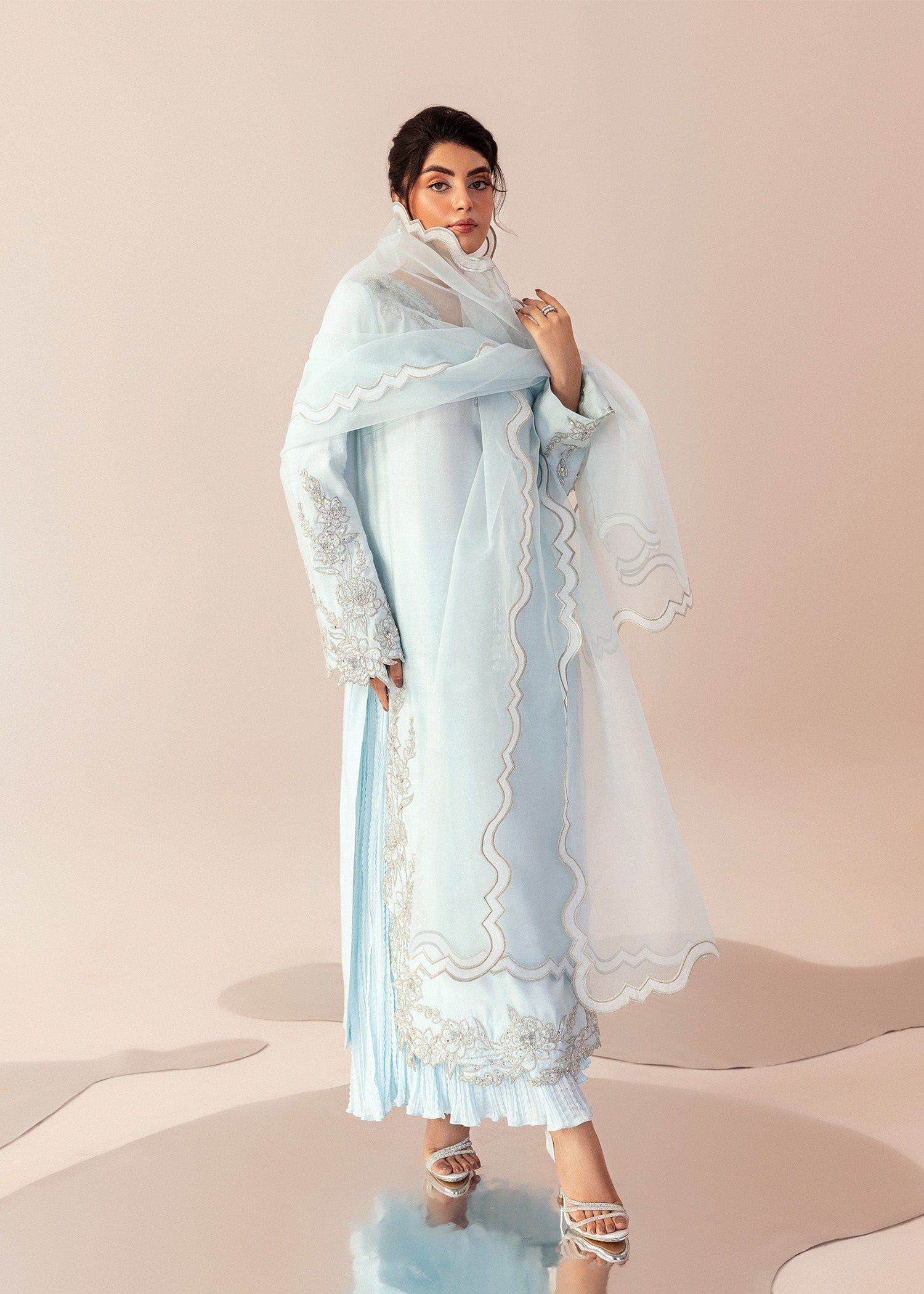 Pakistani Powder Blue Hand Embroidered Cotton Net Salwar Kameez (3-Piece) - Image 1