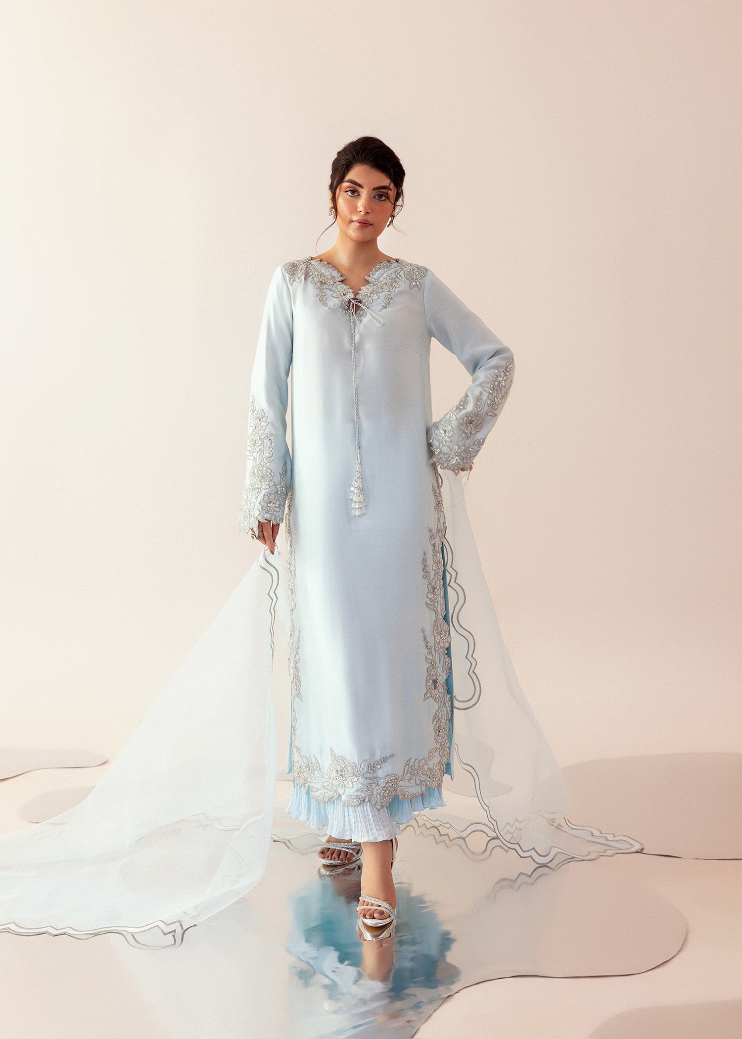Pakistani Powder Blue Hand Embroidered Cotton Net Salwar Kameez (3-Piece) - Image 2