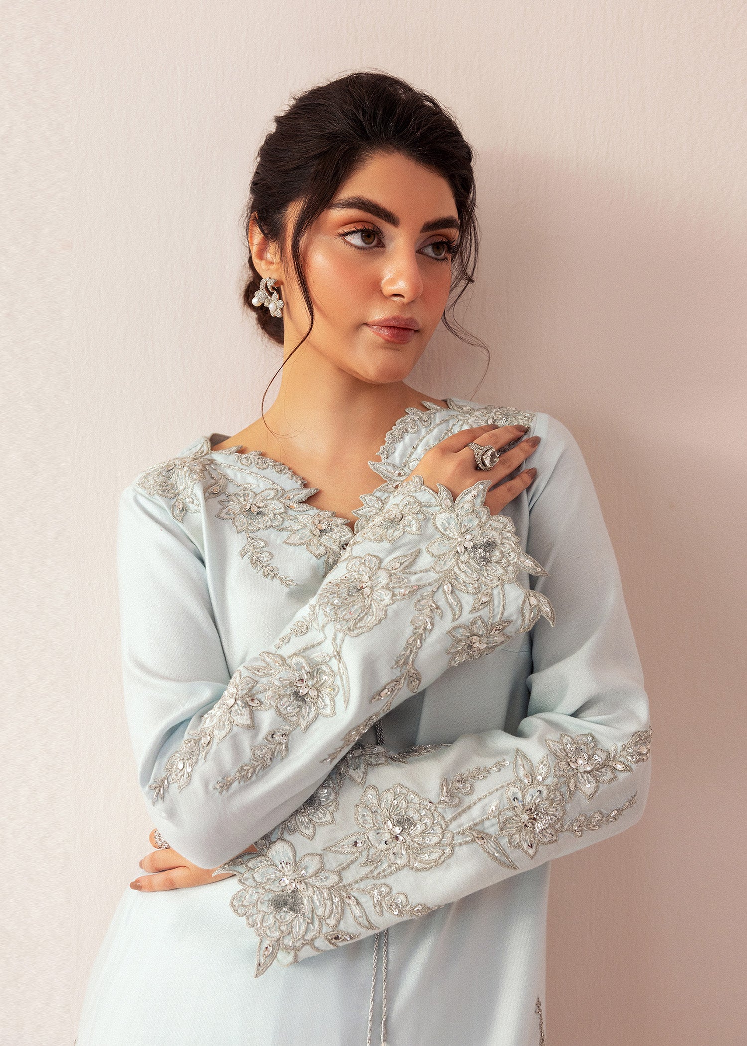 Pakistani Powder Blue Hand Embroidered Cotton Net Salwar Kameez (3-Piece) - Image 3
