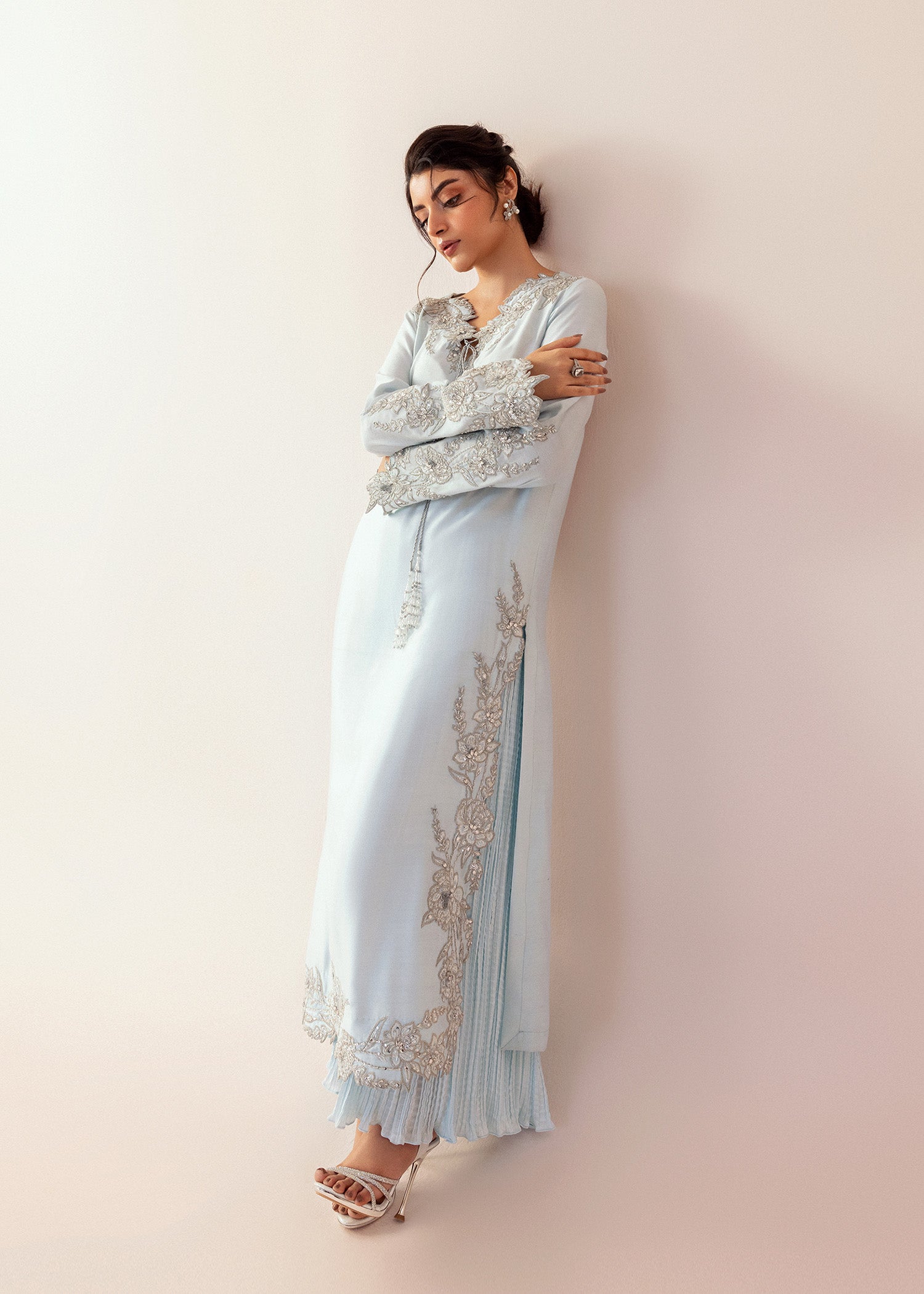 Pakistani Powder Blue Hand Embroidered Cotton Net Salwar Kameez (3-Piece) - Image 4