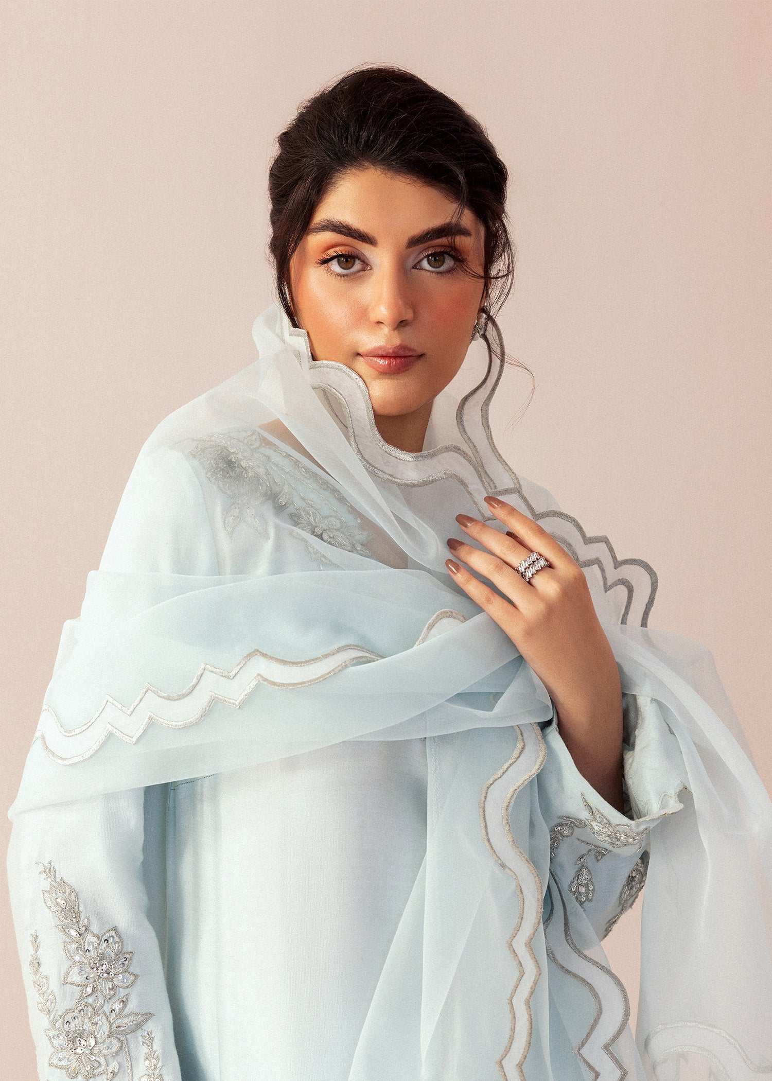 Pakistani Powder Blue Hand Embroidered Cotton Net Salwar Kameez (3-Piece) - Image 5