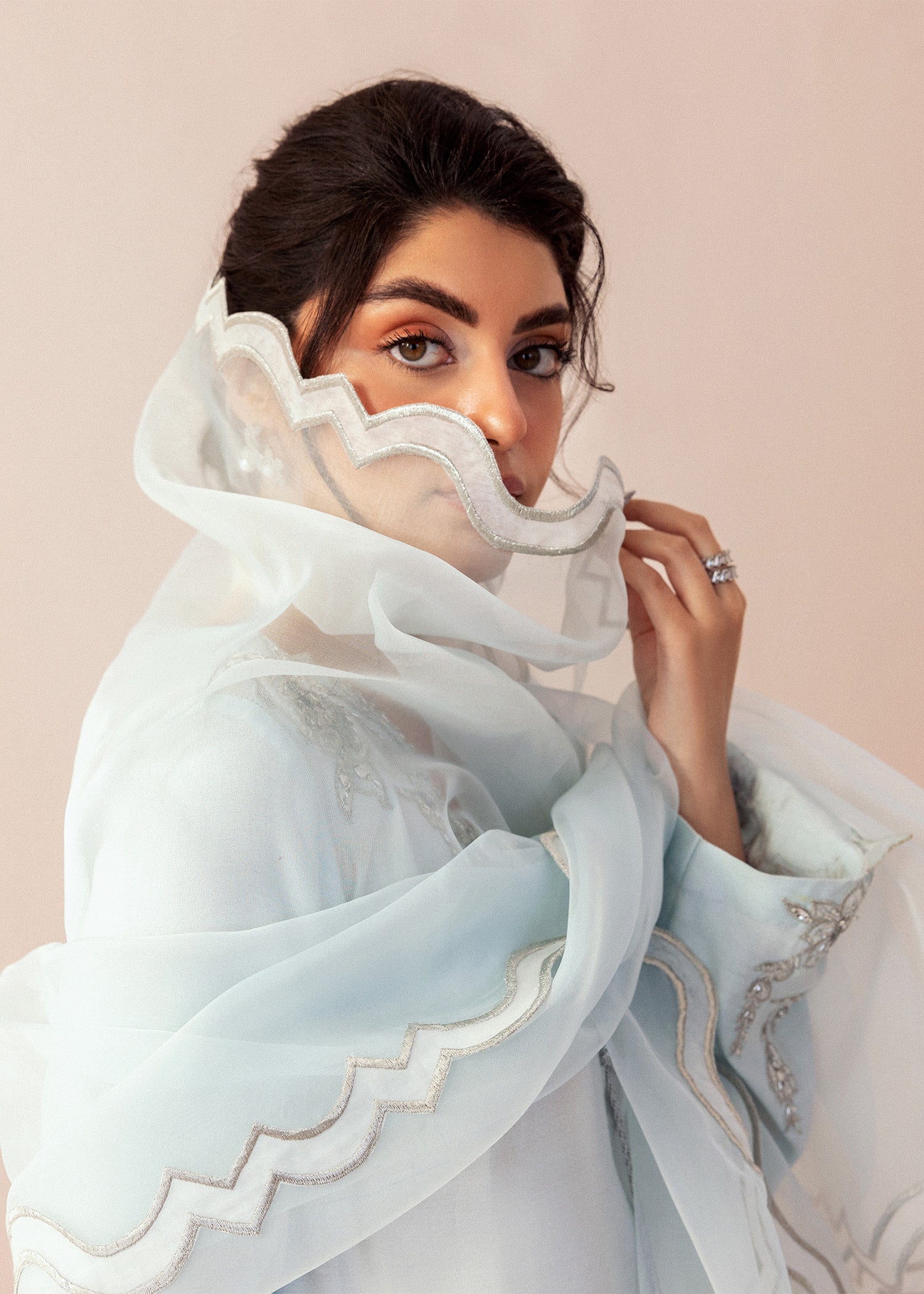 Pakistani Powder Blue Hand Embroidered Cotton Net Salwar Kameez (3-Piece) - Image 6