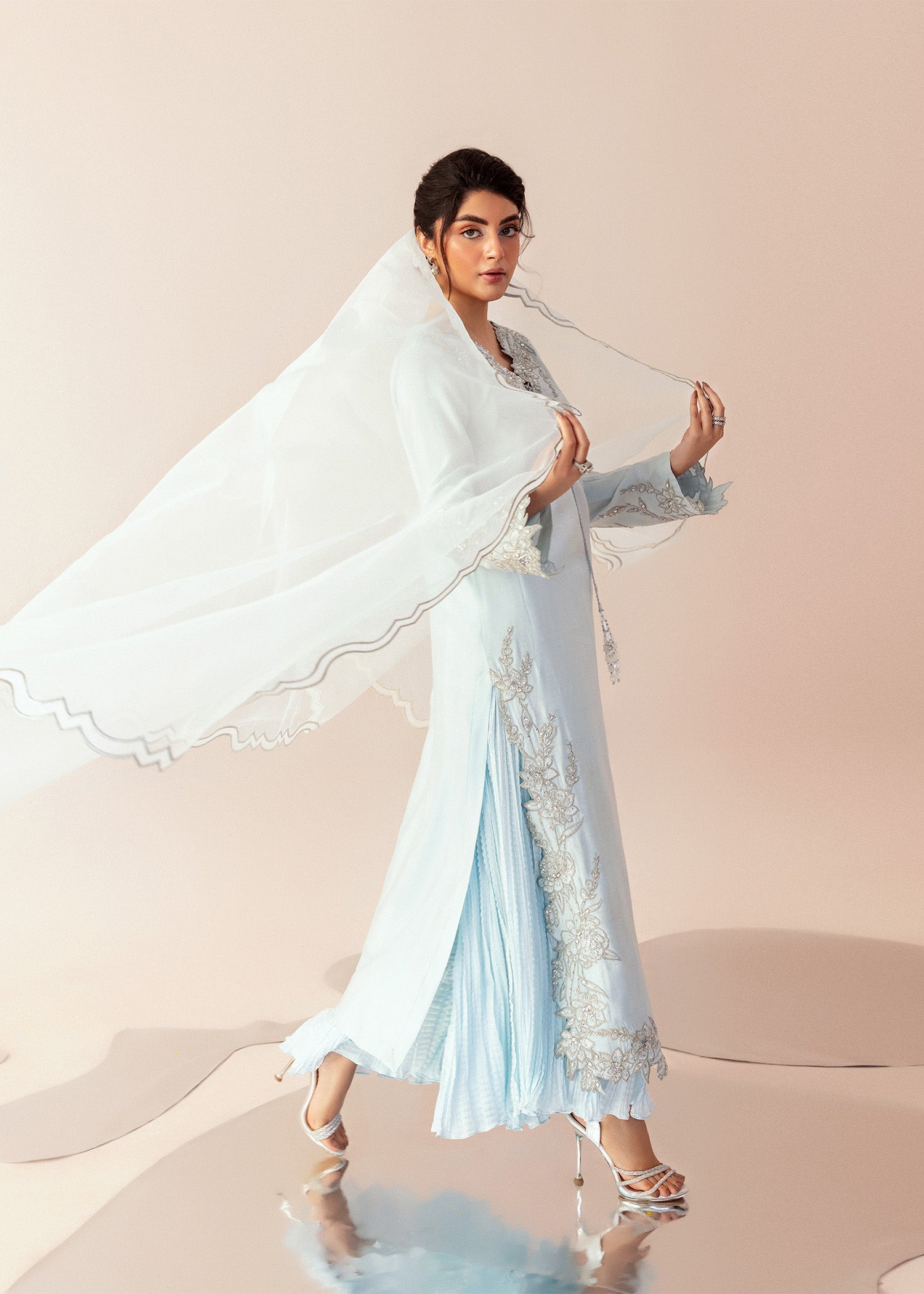 Pakistani Powder Blue Hand Embroidered Cotton Net Salwar Kameez (3-Piece) - Image 7