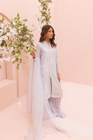 Heather Blue Embroidered Cotton Net Salwar Kameez (3-Piece) - Image 2