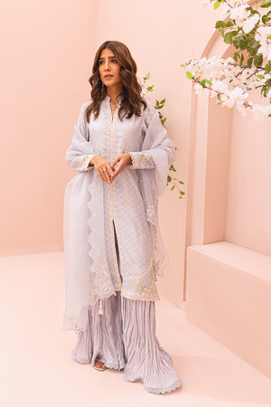 Heather Blue Embroidered Cotton Net Salwar Kameez (3-Piece) - Image 6