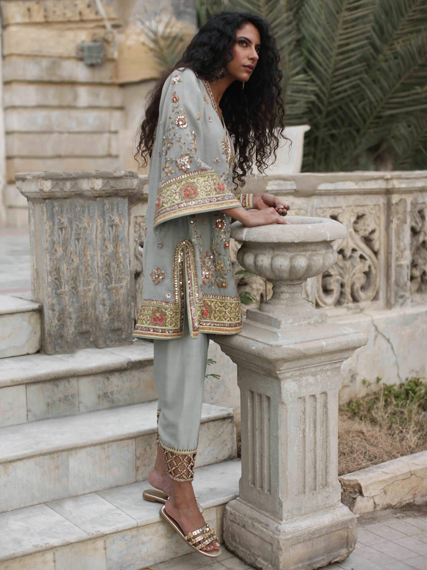 Dove Blue Embroidered Cotton & Raw Silk Kurta (2-Piece) - Image 3