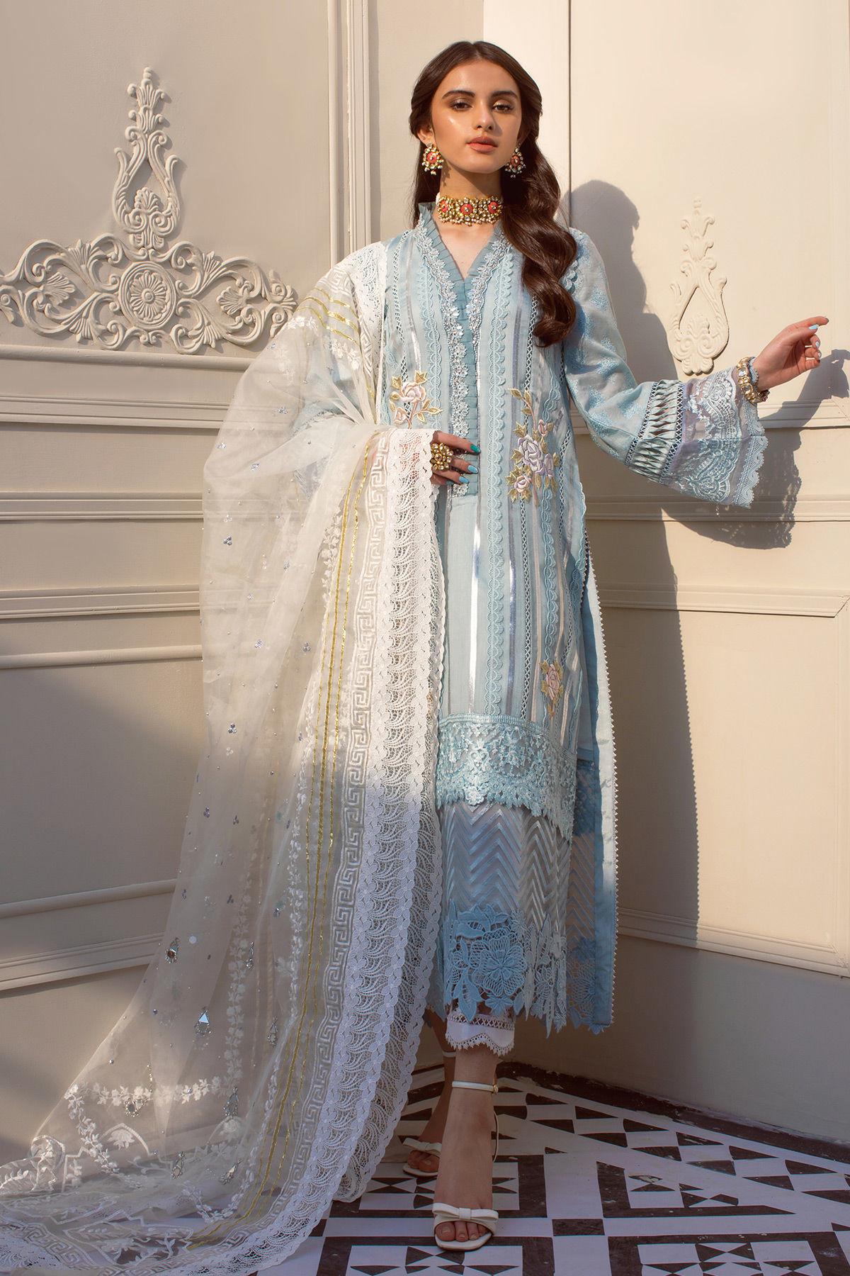 Ice Blue Embroidered Cotton Zari Salwar Kameez (3-Piece) - Image 1