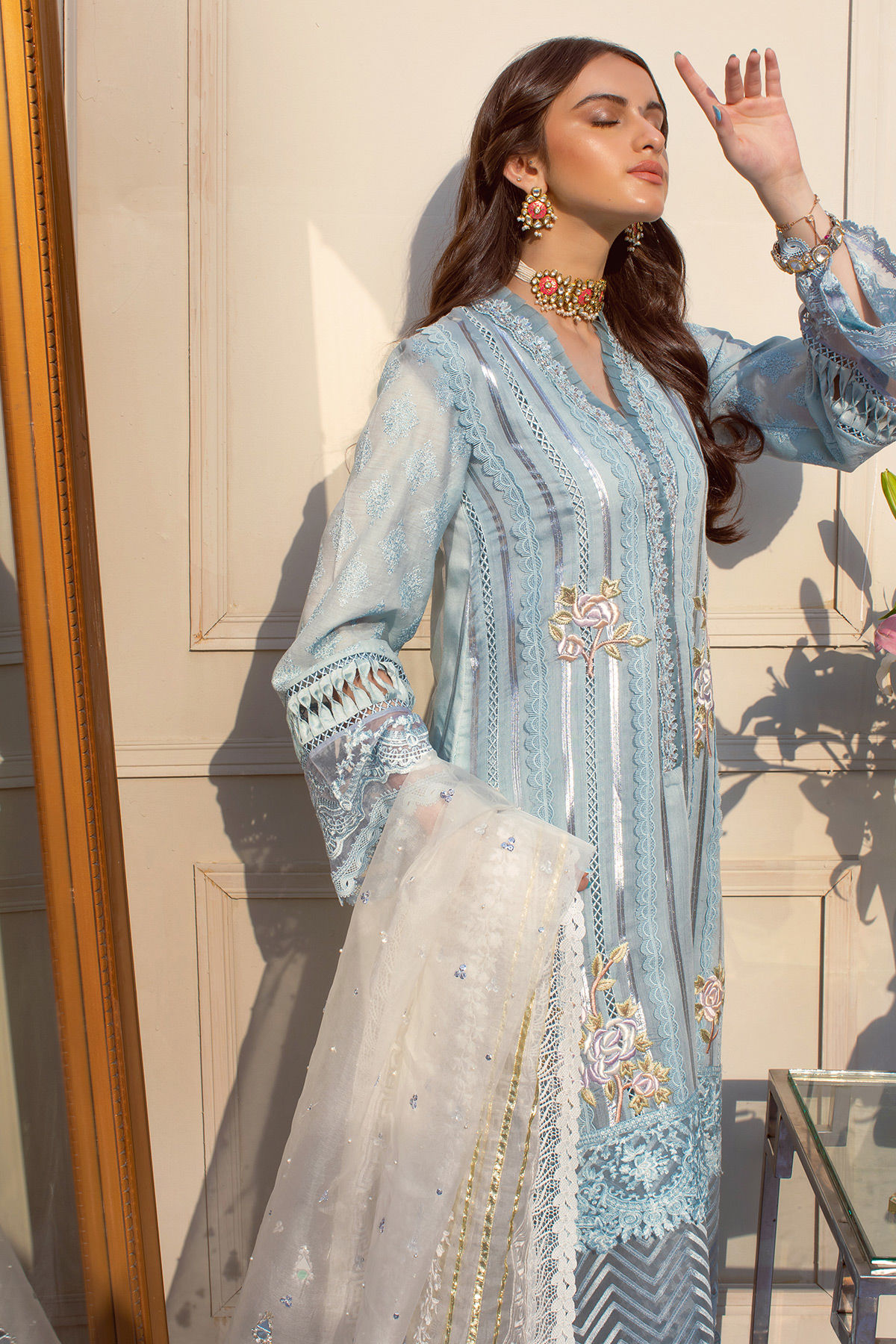 Ice Blue Embroidered Cotton Zari Salwar Kameez (3-Piece) - Image 6