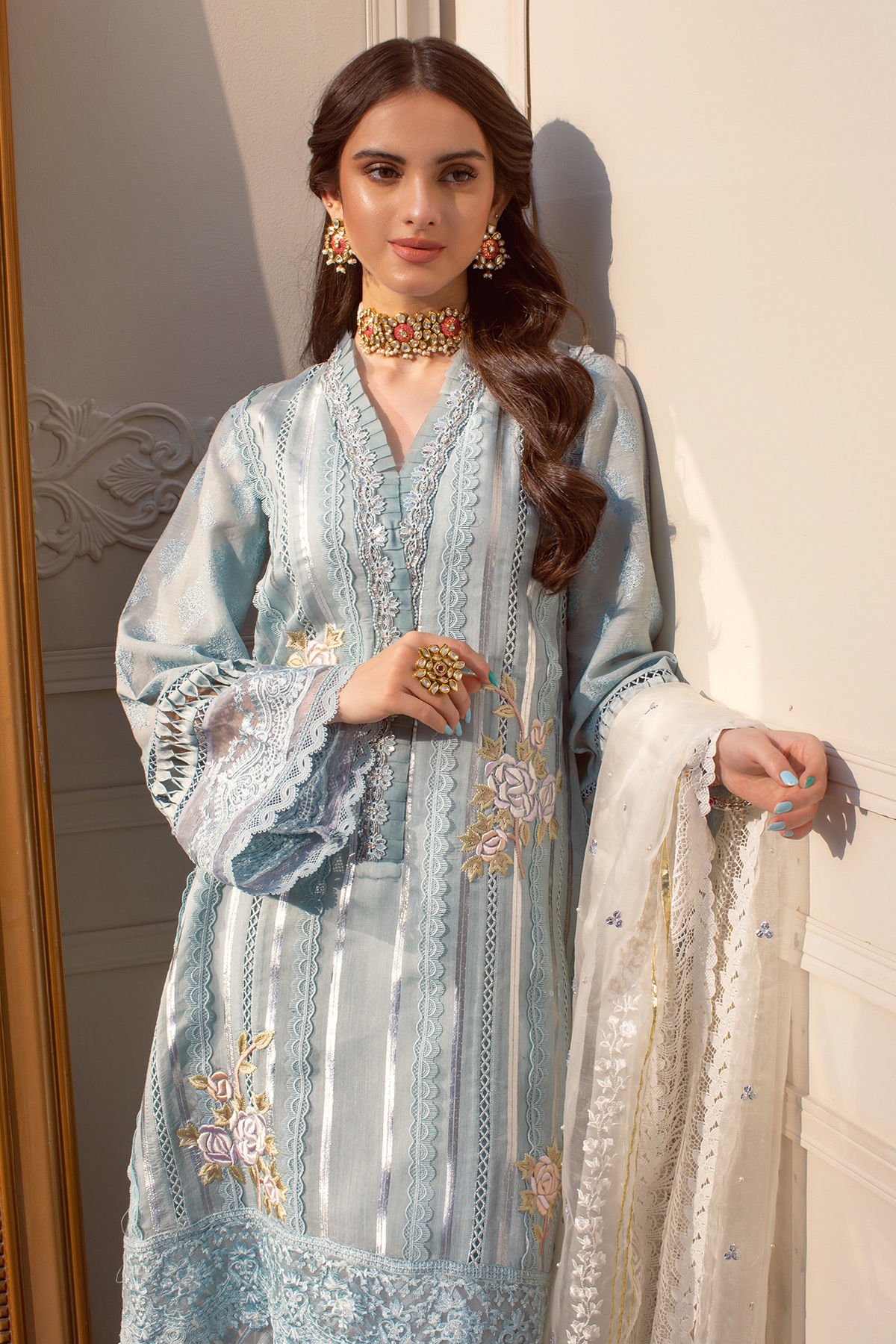 Ice Blue Embroidered Cotton Zari Salwar Kameez (3-Piece) - Image 7