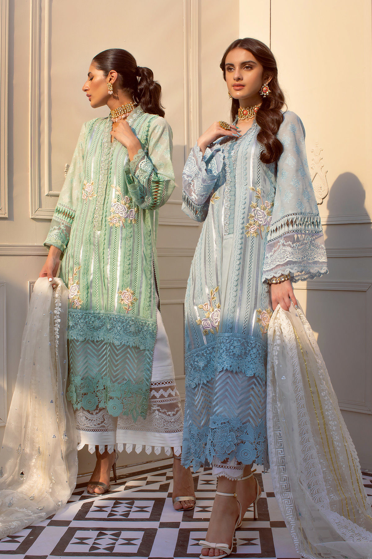 Ice Blue Embroidered Cotton Zari Salwar Kameez (3-Piece) - Image 8