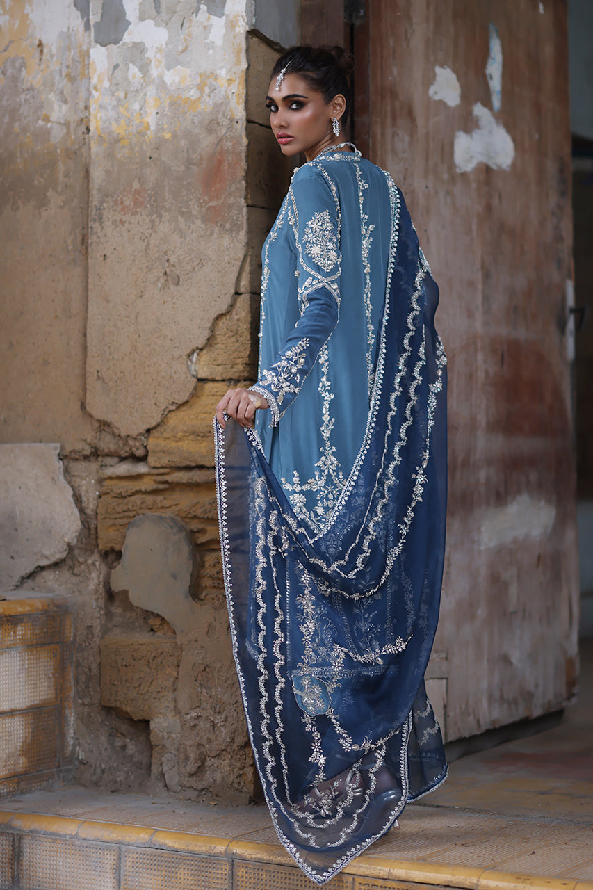 Pakistani Soft Blue Beaded Crepe Silk Salwar Kameez (3-Piece) - Image 2