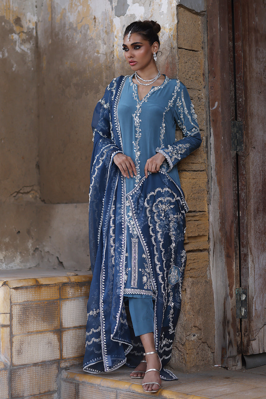 Pakistani Soft Blue Beaded Crepe Silk Salwar Kameez (3-Piece) - Image 5