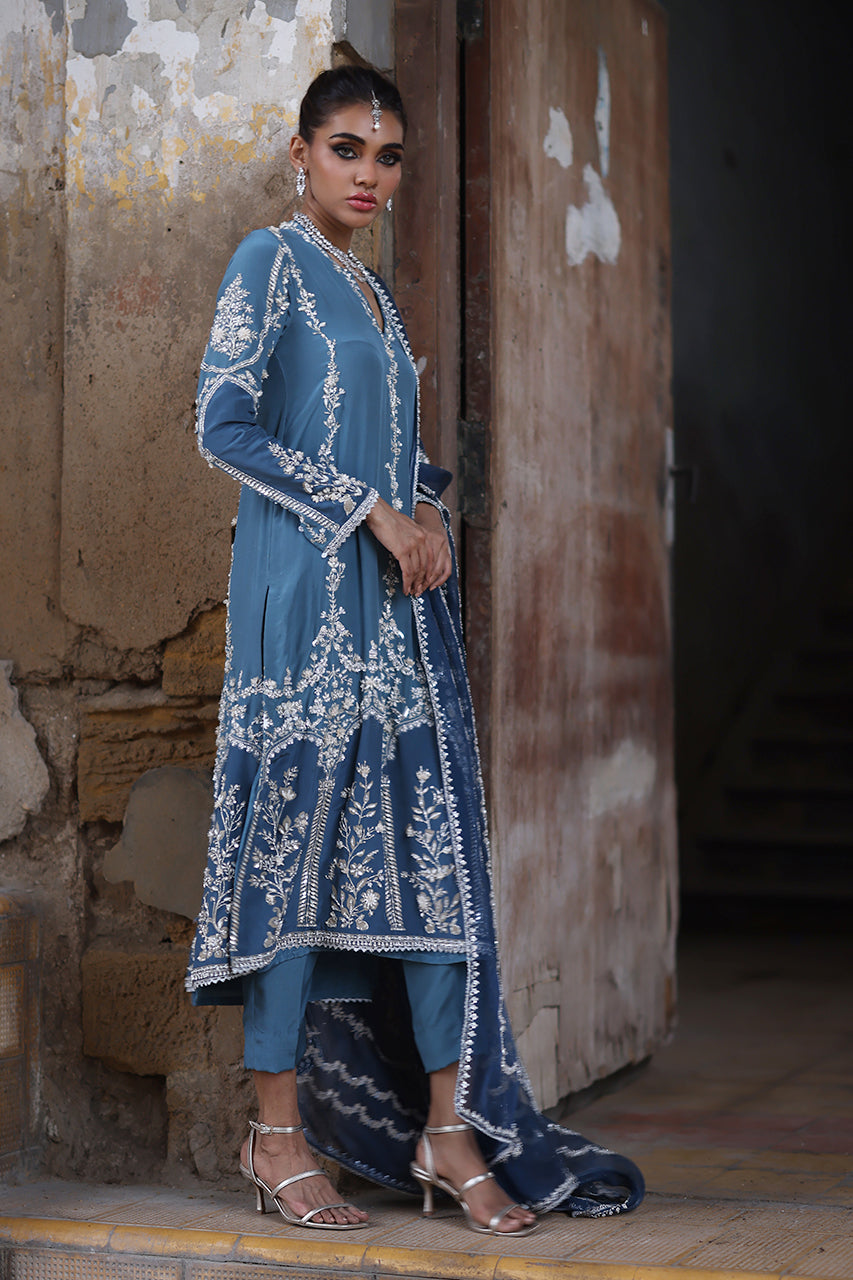 Pakistani Soft Blue Beaded Crepe Silk Salwar Kameez (3-Piece) - Image 7