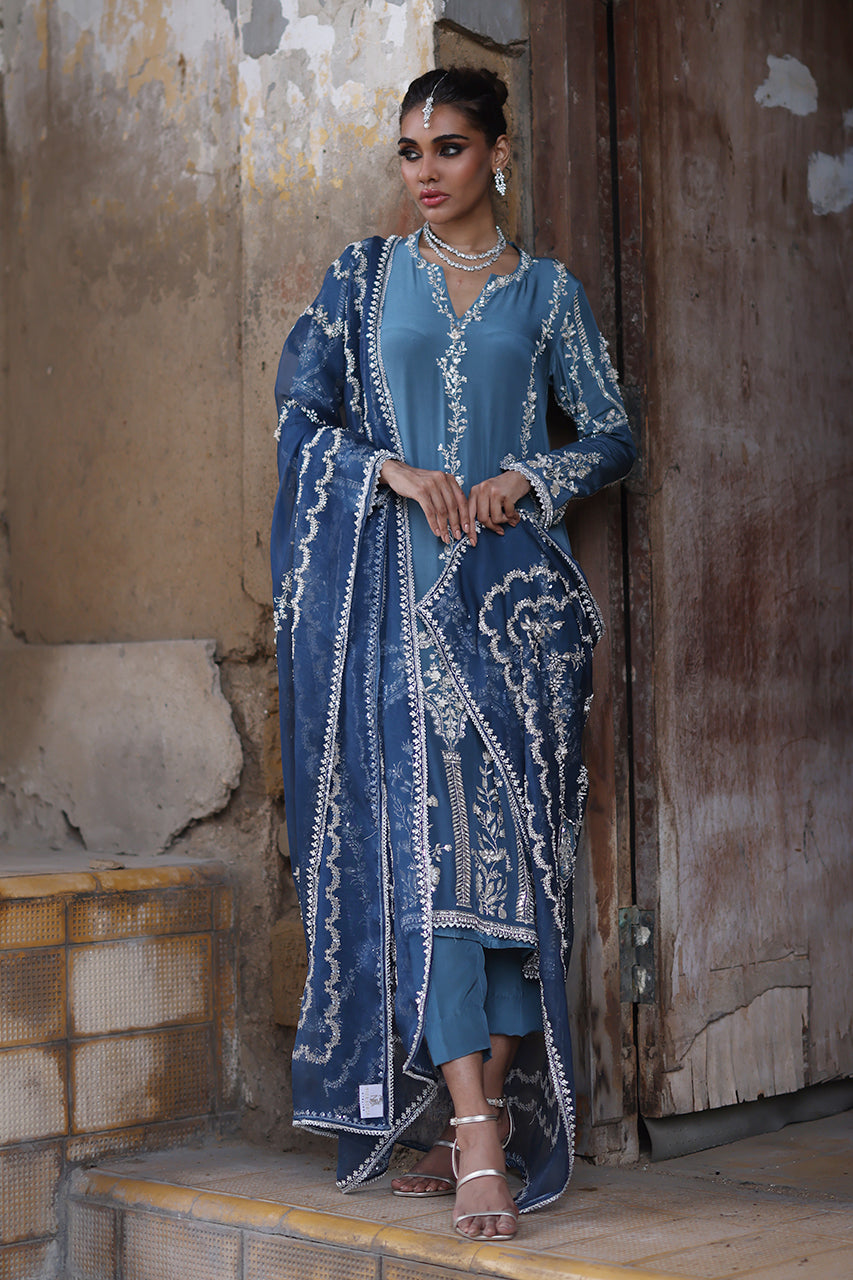 Pakistani Soft Blue Hand-Embroidered Crepe Silk Salwar Kameez (3-Piece) - Image 1