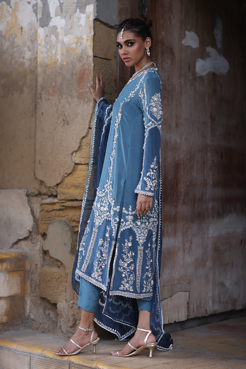 Pakistani Soft Blue Hand-Embroidered Crepe Silk Salwar Kameez (3-Piece) - Image 3