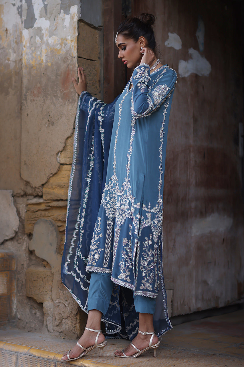 Pakistani Soft Blue Hand-Embroidered Crepe Silk Salwar Kameez (3-Piece) - Image 4