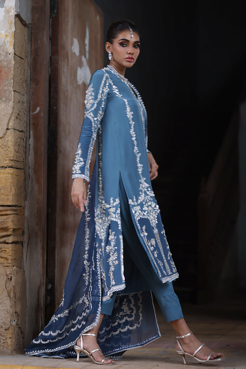 Pakistani Soft Blue Hand-Embroidered Crepe Silk Salwar Kameez (3-Piece) - Image 6
