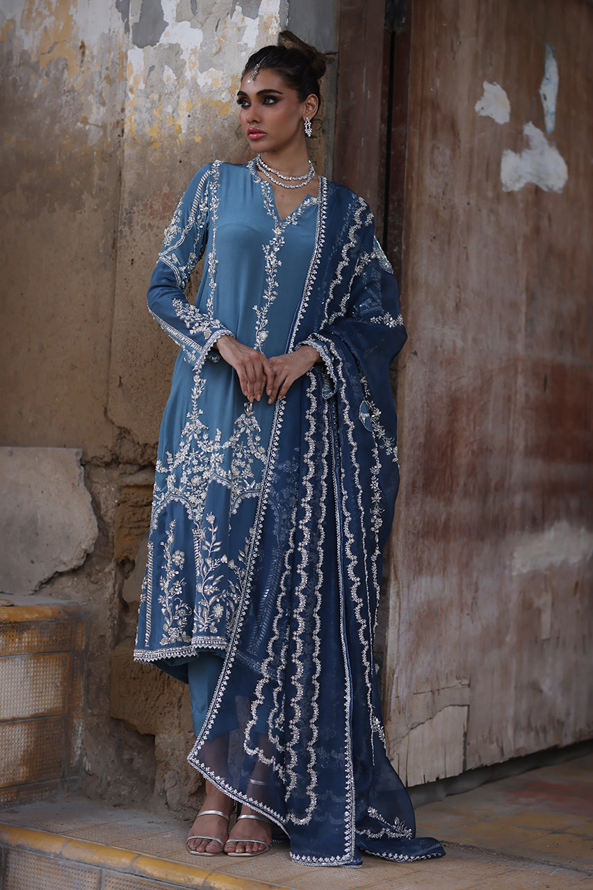Pakistani Soft Blue Hand-Embroidered Crepe Silk Salwar Kameez (3-Piece) - Image 8