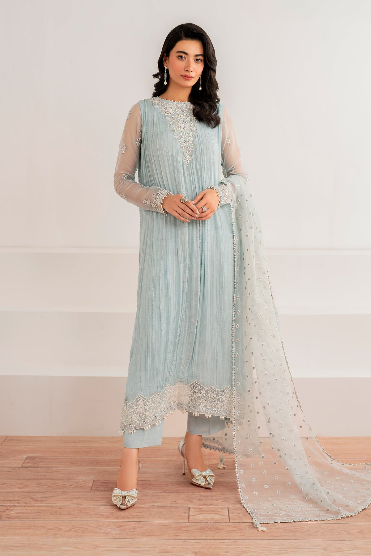 Powder Blue Embroidered Crushed Chiffon Suit (3-Piece) - Image 1