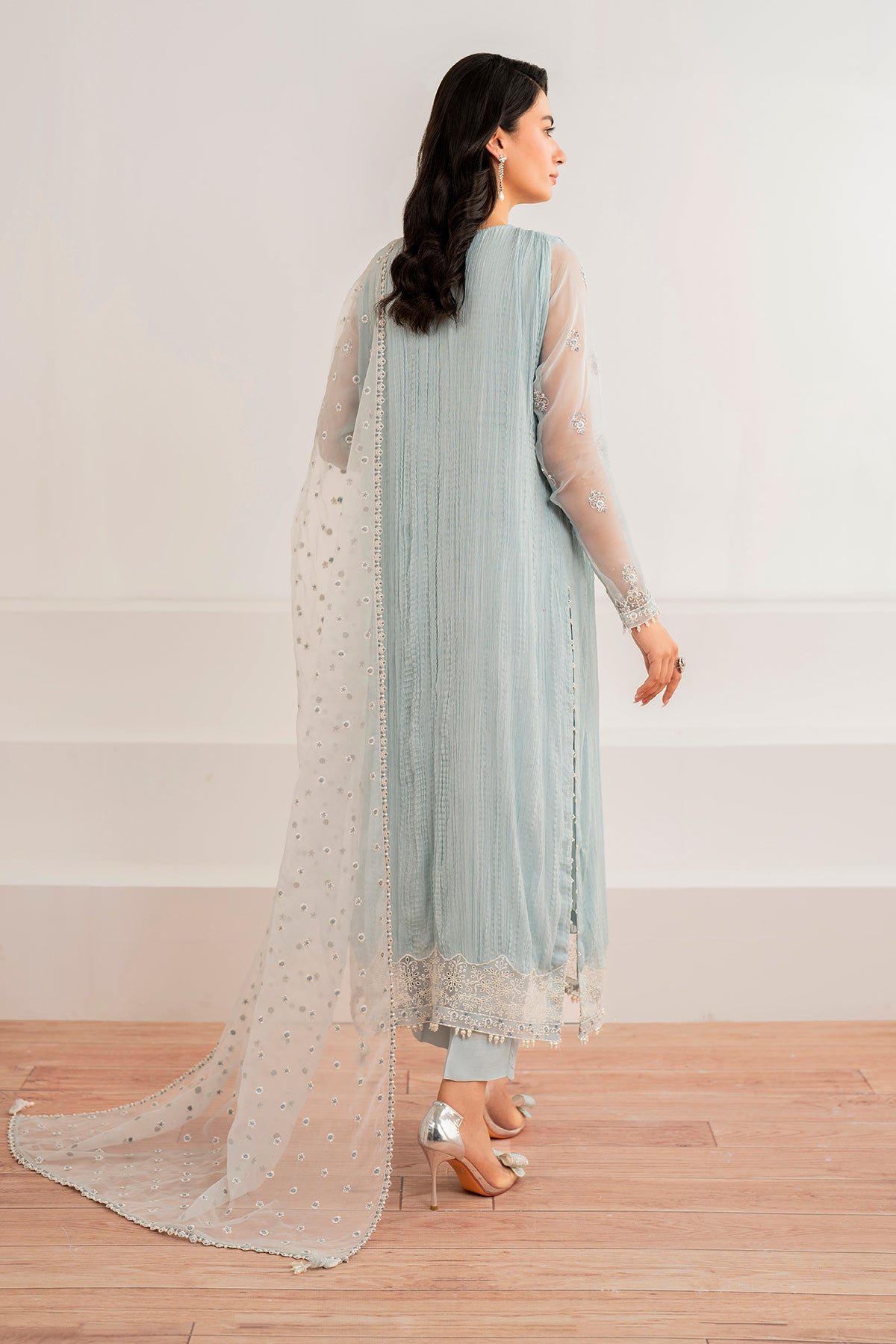 Powder Blue Embroidered Crushed Chiffon Suit (3-Piece) - Image 2