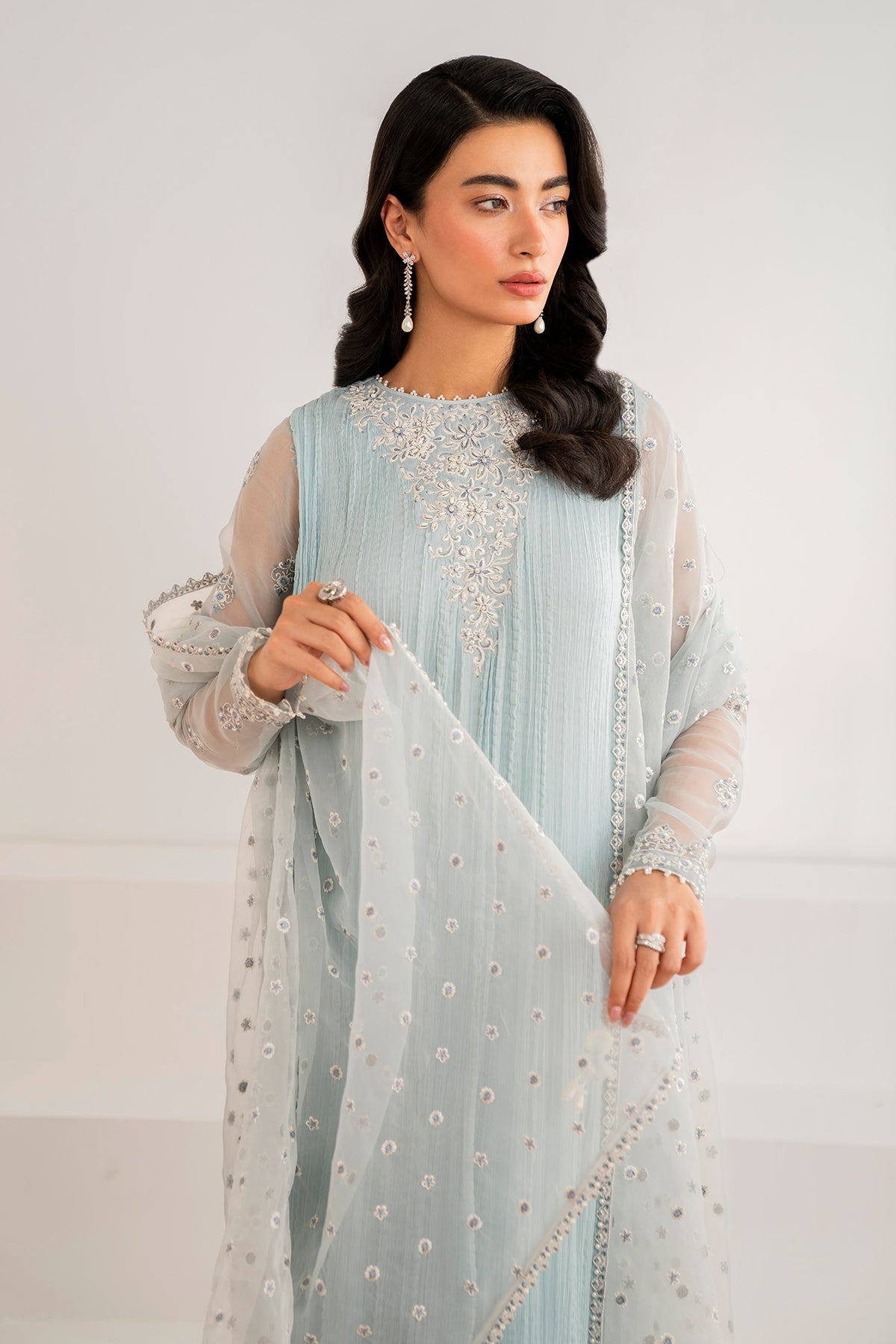 Powder Blue Embroidered Crushed Chiffon Suit (3-Piece) - Image 3