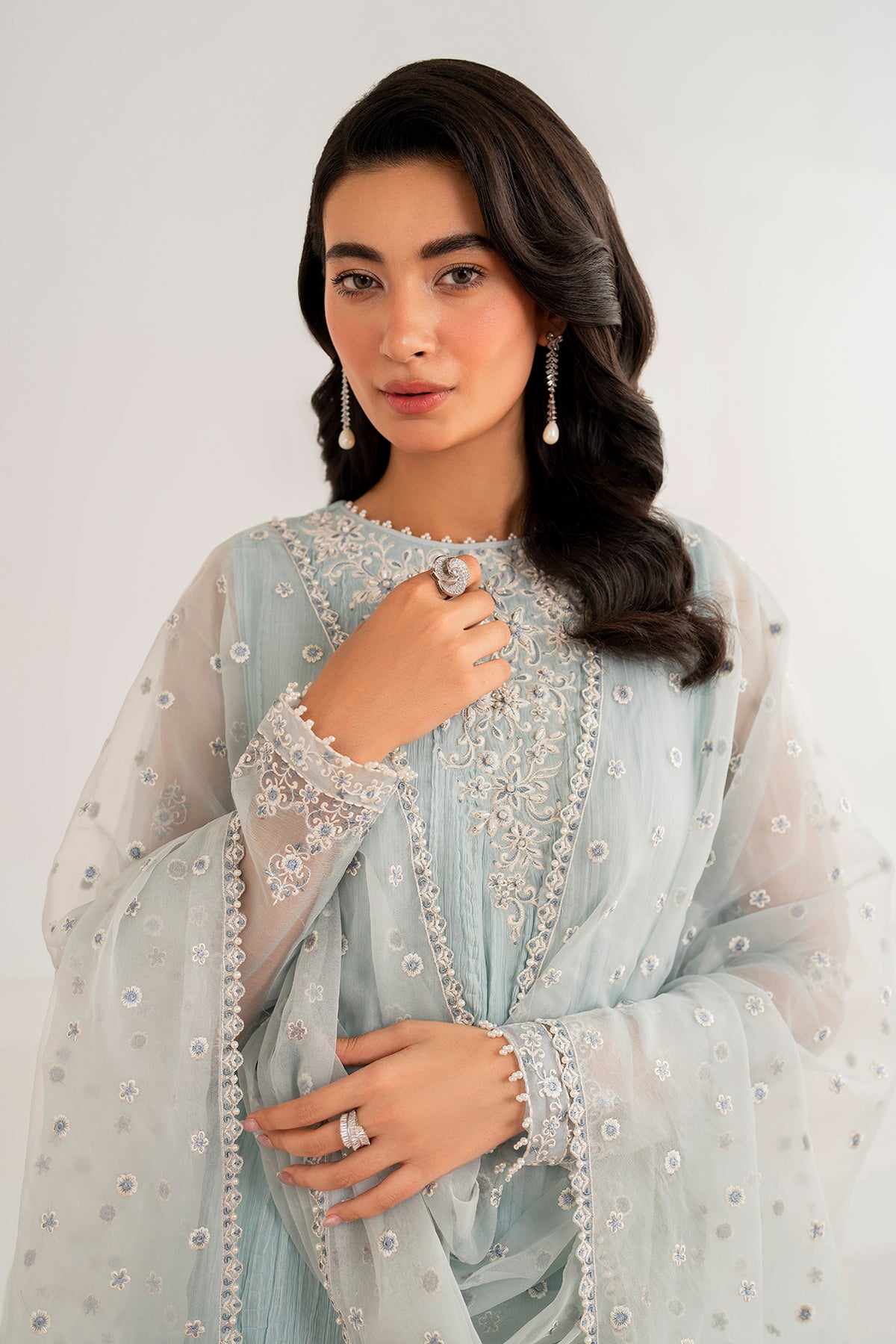Powder Blue Embroidered Crushed Chiffon Suit (3-Piece) - Image 5